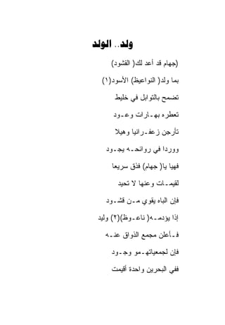 ‫‪ ..‬‬
     ‫)ﺠﻬﺎﻡ ﻗﺩ ﺃﻋﺩ ﻟﻙ) ﺍﻟﻘﺸﻭﺩ(‬

  ‫ﺒﻤﺎ ﻭﻟﺩ) ﺍﻟﻨﻭﺍﻋﻴﻅ( ﺍﻷﺴﻭﺩ)١(‬

      ‫ﺘﻀﻤﺢ ﺒﺎﻟﺘﻭﺍﺒل ﻓﻲ ﺨﻠﻴﻁ‬

      ‫ﺘﻌﻁﺭﻩ ﺒﻬـﺎﺭﺍﺕ ﻭﻋـﻭﺩ‬

      ‫ﺘﺄﺭﺠﻥ ﺯﻋﻔـﺭﺍﻨﻴﺎ ﻭﻫﻴﻼ‬

   ‫ﻭﻭﺭﺩﺍ ﻓﻲ ﺭﻭﺍﺌﺤـﻪ ﻴﺠـﻭﺩ‬

     ‫ﻓﻬﻴﺎ ﻴﺎ) ﺠﻬﺎﻡ( ﻓﺫﻕ ﺴﺭﻴﻌﺎ‬

       ‫ﻟﻘﻴﻤـﺎﺕ ﻭﻋﻨﻬﺎ ﻻ ﺘﺤﻴﺩ‬

   ‫ﻓﺈﻥ ﺍﻟﺒﺎﻩ ﻴﻘﻭﻱ ﻤـﻥ ﻗﺸـﻭﺩ‬

 ‫ﺇﺫﺍ ﻴﺅﺩﻤـﻪ) ﻨﺎﻋـﻭﻅ()٢( ﻭﻟﻴﺩ‬

   ‫ﻓـﺄﻋﻠﻥ ﻤﺠﻤﻊ ﺍﻟﺫﻭﺍﻕ ﻋﻨـﻪ‬

     ‫ﻓﺈﻥ ﻟﺠﻤﻌﻴﺎﺘﻬـﻤﻭ ﻭﺠـﻭﺩ‬

     ‫ﻓﻔﻲ ﺍﻟﺒﺤﺭﻴﻥ ﻭﺍﺤﺩﺓ ﺃﻗﻴﻤﺕ‬
 