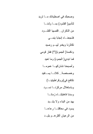 ‫ﻭﺼﺤﺒﻙ ﻓﻲ ﺍﺼﻁﻴﺎﺩﻙ ﻤـﺎ ﺘﺭﻴﺩ‬

    ‫ﻟﺘﺄﺩﻴﻡ) ﺍﻟﻘﺸﻭﺩ( ﺒﻤـﺎ ﻭﻟﺩﻨـﺎ‬

  ‫ﻤﻥ ﺍﻟﺫﻜﺭﺍﻥ.. ﻗﻠﺼﻬﺎ ﺍﻟﻘﺸـﻭﺩ‬

       ‫ﻓﺸﺠﻌﻨـﺎﻩ ﺇﻨﺠﺎﺒﺎ ﻴﻨﻤـﻲ‬

     ‫ﺘﻜﺎﺜﺭﻨﺎ ﻭﻴﻐﺩﻭ ﻟﻬـﻡ ﺭﺼﻴﺩ‬

 ‫ﻭﻨﺎﻓﺴﻨﺎ) ﺍﻟﺠﻤﻭﻩ()٣( ﻓﻔﺎﺯ ﻗﻭﻤﻲ‬

    ‫ﻓﻤﺎ ﺘﺒﺩﻱ) ﺍﻟﺠﻤﻭﻩ( ﻭﻤﺎ ﺘﻌﻴﺩ‬

   ‫ﻭﺃﺼﺒﺤﻨﺎ ﻨﺸﺎﺭﻜﻬـﺎ ﻋﻤﻭﻤـﺎ‬

  ‫ﻭﺨﺼﺨﺼﺔ.. ﻜﻼﻨـﺎ ﻴﺴـﺘﻔﻴﺩ‬

      ‫ﻨﻜﺎﻓﺢ ﻓﻲ)ﺒﺭﻭﻗﺭﺍﻁﻴﺘﻴﻨـﺎ(‬

   ‫ﻭﺒﺎﺴﺘﻐﻼل ﻤﺭﻜﺯﻨـﺎ ﻨﺴـﻭﺩ‬

       ‫ﻭﺴﺩﻨﺎ ﻓﺎﻫﺘﺒﻠﻨـﺎﻩ ﺯﻤﺎﻨـﺎ‬

       ‫ﻴﻬﺩ ﻤﻥ ﺍﻟﺒﻨﺎﺀ ﻭﻻ ﻴﺸـﻴﺩ‬

    ‫ﻴﺴﻭﺩ ﻓﻲ ﻤﻌﺎﻗﻠﻨـﺎ ﺭﻋﺎﻋـﺎ‬

    ‫ﻤﻥ ﺍﻟﺭﻋﻴﺎﻥ ﺃﻜﺜﺭﻫـﻡ ﺒﻠﻴـﺩ‬
 