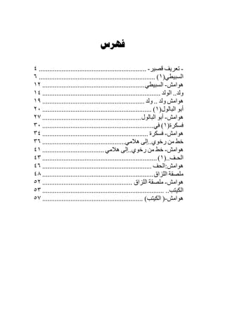 ‫‪‬‬

‫- ﺗﻌﺮﻳﻒ ﻗﺼﻴﺮ- ............................................................. ٤‬
‫اﻟﺴﺒﻴﻄﻲ)١( .................................................................. ٦‬
‫هﻮاﻣﺶ- اﻟﺴﺒﻴﻄﻲ .......................................................... ٢١‬
‫وﻟﺪ.. اﻟﻮﻟﺪ ................................................................... ٤١‬
‫هﻮاﻣﺶ وﻟﺪ .. وﻟﺪ .......................................................... ٩١‬
‫أﺏﻮ اﻟﺒﺎﻟﻮل)١( .............................................................. ٠٢‬
‫هﻮاﻣﺶ- أﺏﻮ اﻟﺒﺎﻟﻮل ........................................................ ٧٢‬
‫ﻓﺴﻜﺮة)١( ﻓﻲ ............................................................... ٠٣‬
‫هﻮاﻣﺶ- ﻓﺴﻜﺮة ............................................................ ٤٣‬
‫ﺧﻂ ﻣﻦ رﺧﻮي..إﻟﻰ هﻼﻣﻲ............................................... ٦٣‬
‫هﻮاﻣﺶ- ﺧﻂ ﻣﻦ رﺧﻮي..إﻟﻰ هﻼﻣﻲ ................................... ١٤‬
‫اﻟﺤـﻒ..)١( ................................................................. ٣٤‬
‫هﻮاﻣﺶ:اﻟﺤﻒ .............................................................. ٦٤‬
‫ﻣﻠﺼﻘﺔ اﻟﻠﺰاق ............................................................... ٨٤‬
‫هﻮاﻣﺶ- ﻣﻠﺼﻘﺔ اﻟﻠﺰاق ................................................... ٢٥‬
‫اﻟﻜﻴﺘﺐ.. ..................................................................... ٣٥‬
‫هﻮاﻣﺶ-) اﻟﻜﻴﺘﺐ( ......................................................... ٧٥‬
 