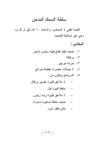 ‫ﺴﻠﻁﺔ ﺍﻟﺴﻤﻙ ﺍﻟﻤﺩﺨﻥ‬
‫ﺍﻟﻜﻤﻴﺔ ﺘﻜﻔﻲ ٤ ﺃﺸﺨﺎﺹ، ﻭﺍﻹﻋﺩﺍﺩ ٠١ ﺩﻗـﺎﺌﻕ ﺃﻭ ﺃﻗـل،‬
                             ‫ﻭﻫﻲ ﻏﻴﺭ ﺼﺎﻟﺤﺔ ﻟﻠﺘﺠﻤﻴﺩ.‬

                                         ‫ﺍﻟﻤﻘﺎﺩﻴﺭ:‬
            ‫١- ﻨﺼﻑ ﻜﻴﻠﻭ ﻗﻁﻊ ﻓﻴﻠﻴﻪ ﺴﻠﻤﻭﻥ ُﺩﺨﻥ.‬
                ‫ﻤ‬
                                     ‫٢- ﺒﺭﺘﻘﺎﻟﺔ.‬
                               ‫٣- ﺤﺯﻤﺔ ﺠﺭﺠﻴﺭ.‬
              ‫٤- ٤ ﺒﺼﻼﺕ ﺨﻀﺭﺍﺀ ﻤﻘﻁﻌﺔ ﺸﺭﺍﺌﺢ.‬
                        ‫٥- ﺍﻟﺩﺭﻴﺴﻨﺞ ﻭﻴﺘﻜﻭﻥ ﻤﻥ:‬
          ‫٤ ﻤﻼﻋﻕ ﻜﺒﻴﺭﺓ ﻋﺼﻴﺭ ﺒﺭﺘﻘﺎل.‬      ‫−‬
                      ‫ﻤﻠﻌﻘﺔ ﻜﺒﻴﺭﺓ ﺨل.‬    ‫−‬
            ‫٤ ﻤﻼﻋﻕ ﻜﺒﻴﺭﺓ ﺯﻴﺕ ﺯﻴﺘﻭﻥ.‬      ‫−‬
            ‫ﻨﺼﻑ ﻤﻠﻌﻘﺔ ﺼﻐﻴﺭﺓ ﻤﺴﺘﺭﺩﺓ.‬      ‫−‬
                       ‫ﻤﻠﺢ ﻭﻓﻠﻔل ﺃﺴﻭﺩ.‬   ‫−‬




                   ‫- ٧٠١ -‬
 