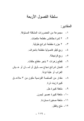 ‫ﺴﻠﻁﺔ ﺍﻟﻔﺼﻭل ﺍﻷﺭﺒﻌﺔ‬

                                        ‫ﺍﻟﻤﻘﺎﺩﻴﺭ:‬
     ‫١- ﻤﺠﻤﻭﻋﺔ ﻤﻥ ﺍﻟﺨﻀﺭﻭﺍﺕ ﺍﻟﻤﺸﻜﻠﺔ ﺍﻟﻤﺴﻠﻭﻗﺔ.‬
             ‫٢- ٢ ﺜﻤﺭﺓ ﺒﻁﺎﻁﺱ ﻤﻘﻁﻌﺔ ﻤﻜﻌﺒﺎﺕ.‬
               ‫٣- ٢ ﺠﺯﺭﺓ ﻤﻘﻁﻌﺔ ﺸﺭﺍﺌﺢ ﻁﻭﻟﻴﺔ.‬
           ‫٤- ﺭﺒﻊ ﻜﻴﻠﻭ ﻓﺎﺼﻭﻟﻴﺎ ﻤﻘﻁﻌﺔ ﺒﺎﻨﺤﺭﺍﻑ.‬
                             ‫٥- ﺭﺒﻊ ﻗﺭﻨﺒﻴﻁﺔ.‬
           ‫٦- ﺘﻘﻁﻊ ﺯﻫﺭﺍﺕ ٢ ﺒﻨﺠﺭ ﻤﻘﻁﻊ ﺤﻠﻘﺎﺕ.‬
‫٧- ﻓﻨﺠﺎﻥ ﺸﺭﺍﺌﺢ ﺩﺠﺎﺝ ﻤﺴـﻠﻭﻕ ﺃﻭ ﻟﺴـﺎﻥ ﺃﻭ ﻋـﻴﺵ‬
                      ‫ﺍﻟﻐﺭﺍﺏ ﺃﻭ ﻋﻠﺒﺔ ﺘﻭﻨﺔ.‬
‫٨- ﻤﻘﺩﺍﺭ ﻤﻥ ﺍﻟﺼﻠﺼﺔ ﺍﻟﻔﺭﻨﺴﻴﺔ ﻤﻜﻭﻥ ﻤﻥ ٣ ﻤﻼﻋـﻕ‬
                           ‫ﻜﺒﻴﺭﺓ ﺯﻴﺕ ﺫﺭﺓ.‬
                           ‫٩- ﻤﻠﻌﻘﺔ ﻜﺒﻴﺭﺓ ﺨل.‬
                  ‫٠١- ﻤﻠﻌﻘﺔ ﻜﺒﻴﺭﺓ ﻋﺼﻴﺭ ﻟﻴﻤﻭﻥ.‬
                     ‫١١- ﻤﻠﻌﻘﺔ ﺼﻐﻴﺭﺓ ﻤﺴﺘﺭﺩﺓ.‬
                               ‫٢١- ﻤﻠﺢ ﻭﻓﻠﻔل.‬

                 ‫- ٩١١ -‬
 