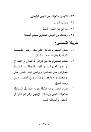 ‫٣١- ﻟﻠﺘﺠﻤﻴل ﻤﻜﻌﺒﺎﺕ ﻤﻥ ﺍﻟﺠﺒﻥ ﺍﻷﺒﻴﺽ.‬
                                ‫٤١- ﺯﻴﺘﻭﻥ ﺃﺴﻭﺩ.‬
                     ‫٥١- ﺸﺭﺍﺌﺢ ﻤﻥ ﺍﻟﺨﻴﺎﺭ ﺍﻟﻤﺨﻠل.‬
       ‫٦١- ﻭﺤﺩﺍﺕ ﻤﻥ ﺍﻟﺒﻴﺽ ﺍﻟﻤﺴﻠﻭﻕ ﻤﻘﻁﻊ ﺃﻨﺼﺎﻓﺎ.‬
         ‫ﹰ‬

                                ‫ﻁﺭﻴﻘﺔ ﺍﻟﺘﺤﻀﻴﺭ:‬
‫١- ﹸﺴﻠﻕ ﺍﻟﺨﻀﺭﺍﻭﺍﺕ ﻜل ﻋﻠﻰ ﺤﺩﺓ، ﻭﺘﺘﺒل ﺒﺎﻟﺼﻠﺼﺔ‬
                                       ‫ﺘ‬
                  ‫ﺍﻟﻔﺭﻨﺴﻴﺔ ﻭﺘﺘﺭﻙ ﻨﺼﻑ ﺴﺎﻋﺔ.‬
‫٢- ﹸﺨﻠﻁ ﺍﻟﺨﻀﺭﺍﻭﺍﺕ ﻤﻊ ﺸﺭﺍﺌﺢ ﺍﻟـﺩﺠﺎﺝ ﺃﻭ ﺍﻟﻠﺴـﺎﻥ‬
                                         ‫ﺘ‬
‫ﺃﻭ ﻋﻴﺵ ﺍﻟﻐـﺭﺍﺏ، ﺃﻭ ﺍﻟﺘﻭﻨـﺔ، ﻭ ُﻘﻠـﺏ ﺍﻟﺨﻠـﻴﻁ‬
            ‫ﻴ‬
‫ﺒﺎﺤﺘﺭﺍﺱ ﺤﺘﻰ ﻴﺘﺠﺎﻨﺱ، ﻭ ُﺭﺍﻋﻰ ﻓﺼل ﺍﻟﺒﻨﺠﺭ ﺤﺘﻰ‬
                   ‫ﻴ‬
‫ﻻ ﻴﺨﺘﻠﻁ ﻟﻭﻨﻪ ﺒﺎﻟﺨﻀﺭﺍﻭﺍﺕ. ﻴﻭﻀﻊ ﺍﻟﺒﻨﺠـﺭ ﻓـﻲ‬
                                ‫ﻭﺴﻁ ﺍﻟﻁﺒﻕ.‬
‫٣- ﺘﻨﺴﻕ ﺍﻟﺨﻀﺭﺍﻭﺍﺕ ﺍﻟ ُﺘﺒﻠﺔ ﺤﻭﻟﻪ ﻭ ﹸﺠﻤـل ﺍﻟﺴـﻠﻁﺔ‬
            ‫ﺘ‬            ‫ﻤ‬
‫ﺒﻤﻜﻌﺒﺎﺕ ﺍﻟﺠﺒﻥ ﻭﻭﺤﺩﺍﺕ ﺍﻟﺯﻴﺘﻭﻥ ﻭﺸﺭﺍﺌﺢ ﺍﻟﺨﻴـﺎﺭ‬
                     ‫ﺍﻟﻤﺨﻠل، ﻭﺃﻨﺼﺎﻑ ﺍﻟﺒﻴﺽ.‬




                   ‫- ٠٢١ -‬
 