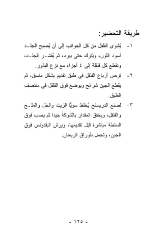 ‫ﻁﺭﻴﻘﺔ ﺍﻟﺘﺤﻀﻴﺭ:‬
‫١- ُﺸﻭﻯ ﺍﻟﻔﻠﻔل ﻤﻥ ﻜل ﺍﻟﺠﻭﺍﻨﺏ ﺇﻟﻰ ﺃﻥ ُﺼﺒﺢ ﺍﻟﺠﻠـﺩ‬
          ‫ﻴ‬                                ‫ﻴ‬
‫ﺃﺴﻭﺩ ﺍﻟﻠﻭﻥ، ﻭ ُﺘﺭﻙ ﺤﺘﻰ ﻴﺒﺭﺩ، ﺜﻡ ُﻘﺸـﺭ ﺍﻟﺠﻠـﺩ،‬
            ‫ﻴ‬                 ‫ﻴ‬
     ‫ﻭ ﹸﻘﻁﻊ ﻜل ﻓﻠﻔﻠﺔ ﺇﻟﻰ ٤ ﺃﺠﺯﺍﺀ ﻤﻊ ﻨﺯﻉ ﺍﻟﺒﺫﻭﺭ.‬
                                            ‫ﺘ‬
‫٢- ﹸﺭﺹ ﺃﺭﺒﺎﻉ ﺍﻟﻔﻠﻔل ﻓﻲ ﻁﺒﻕ ﺘﻘﺩﻴﻡ ﺒﺸﻜل ﻤﻨﺴﻕ، ﺜﻡ‬
                                          ‫ﺘ‬
‫ﻴﻘﻁﻊ ﺍﻟﺠﺒﻥ ﺸﺭﺍﺌﺢ ﻭﻴﻭﻀﻊ ﻓﻭﻕ ﺍﻟﻔﻠﻔل ﻓﻲ ﻤﻨﺘﺼﻑ‬
                                        ‫ﺍﻟﻁﺒﻕ.‬
‫٣- ﻟﺼﻨﻊ ﺍﻟﺩﺭﻴﺴﻨﺞ ُﺨﻠﻁ ﺴﻭ ‪‬ﺎ ﺍﻟﺯﻴﺕ ﻭﺍﻟﺨل ﻭﺍﻟﻤﻠـﺢ‬
                     ‫ﻴ‬       ‫ﻴ‬
‫ﻭﺍﻟﻔﻠﻔل، ﻭﻴﺨﻔﻕ ﺍﻟﻤﻘﺩﺍﺭ ﺒﺎﻟﺸﻭﻜﺔ ﺠﻴ ‪‬ﺍ ﺜﻡ ﻴﺼﺏ ﻓﻭﻕ‬
            ‫ﺩ‬
‫ﺍﻟﺴﻠﻁﺔ ﻤﺒﺎﺸﺭﺓ ﻗﺒل ﺘﻘﺩﻴﻤﻬﺎ، ﻭﻴﺭﺵ ﺍﻟﺒﻘﺩﻭﻨﺱ ﻓﻭﻕ‬
                  ‫ﺍﻟﺠﺒﻥ، ﻭﺘﺠﻤل ﺒﺄﻭﺭﺍﻕ ﺍﻟﺭﻴﺤﺎﻥ.‬




                     ‫- ٥٢١ -‬
 