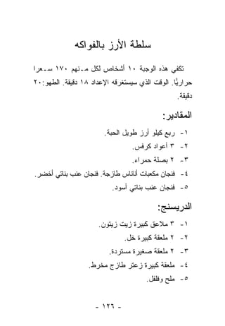 ‫ﺴﻠﻁﺔ ﺍﻷﺭﺯ ﺒﺎﻟﻔﻭﺍﻜﻪ‬
‫ﺘﻜﻔﻲ ﻫﺫﻩ ﺍﻟﻭﺠﺒﺔ ٠١ ﺃﺸﺨﺎﺹ ﻟﻜل ﻤـﻨﻬﻡ ٠٧١ ﺴـﻌ ‪‬ﺍ‬
 ‫ﺭ‬
‫ﺤﺭﺍﺭ ‪‬ﺎ. ﺍﻟﻭﻗﺕ ﺍﻟﺫﻱ ﺴﻴﺴﺘﻐﺭﻗﻪ ﺍﻹﻋﺩﺍﺩ ٨١ ﺩﻗﻴﻘﺔ. ﺍﻟﻁﻬﻭ:٠٢‬
                                                ‫ﻴ‬
                                                ‫ﺩﻗﻴﻘﺔ.‬

                                           ‫ﺍﻟﻤﻘﺎﺩﻴﺭ:‬
                        ‫١- ﺭﺒﻊ ﻜﻴﻠﻭ ﺃﺭﺯ ﻁﻭﻴل ﺍﻟﺤﺒﺔ.‬
                                 ‫٢- ٣ ﺃﻋﻭﺍﺩ ﻜﺭﻓﺱ.‬
                                 ‫٣- ٢ ﺒﺼﻠﺔ ﺤﻤﺭﺍﺀ.‬
‫٤- ﻓﻨﺠﺎﻥ ﻤﻜﻌﺒﺎﺕ ﺃﻨﺎﻨﺎﺱ ﻁﺎﺯﺠﺔ. ﻓﻨﺠﺎﻥ ﻋﻨﺏ ﺒﻨﺎﺘﻲ ﺃﺨﻀﺭ.‬
                          ‫٥- ﻓﻨﺠﺎﻥ ﻋﻨﺏ ﺒﻨﺎﺘﻲ ﺃﺴﻭﺩ.‬

                                          ‫ﺍﻟﺩﺭﻴﺴﻨﺞ:‬
                      ‫١- ٣ ﻤﻼﻋﻕ ﻜﺒﻴﺭﺓ ﺯﻴﺕ ﺯﻴﺘﻭﻥ.‬
                              ‫٢- ٢ ﻤﻠﻌﻘﺔ ﻜﺒﻴﺭﺓ ﺨل.‬
                         ‫٣- ٢ ﻤﻠﻌﻘﺔ ﺼﻐﻴﺭﺓ ﻤﺴﺘﺭﺩﺓ.‬
                  ‫٤- ﻤﻠﻌﻘﺔ ﻜﺒﻴﺭﺓ ﺯﻋﺘﺭ ﻁﺎﺯﺝ ﻤﺨﺭﻁ.‬
                                      ‫٥- ﻤﻠﺢ ﻭﻓﻠﻔل.‬


                    ‫- ٦٢١ -‬
 