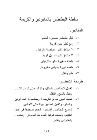 ‫ﺴﻠﻁﺔ ﺍﻟﺒﻁﺎﻁﺱ ﺒﺎﻟﻤﺎﻴﻭﻨﻴﺯ ﻭﺍﻟﻜﺭﻴﻤﺔ‬

                                            ‫ﺍﻟﻤﻘﺎﺩﻴﺭ:‬
                     ‫١- ﻜﻴﻠﻭ ﺒﻁﺎﻁﺱ ﺼﻐﻴﺭﺓ ﺍﻟﺤﺠﻡ.‬
                           ‫٢- ﺭﺒﻊ ﻜﻴﻠﻭ ﺠﺒﻥ ﻜﺭﻴﻤﺔ.‬
                 ‫٣- ٦ ﻤﻼﻋﻕ ﻜﺒﻴﺭﺓ ﺼﻠﺼﺔ ﻤﺎﻴﻭﻨﻴﺯ.‬
                     ‫٤- ٣ ﻤﻼﻋﻕ ﻜﺒﻴﺭﺓ ﺩﻭﺒل ﻜﺭﻴﻡ.‬
                    ‫٥- ﻤﻠﻌﻘﺔ ﺼﻐﻴﺭﺓ ﺴﻜﺭ ﺴﻨﺘﺭﻓﻴﺵ.‬
                    ‫٦- ﻤﻠﻌﻘﺔ ﻜﺒﻴﺭﺓ ﺒﻘﺩﻭﻨﺱ ﻤﺨﺭﻭﻁ.‬
                                     ‫٧- ﻤﻠﺢ ﻭﻓﻠﻔل.‬

                                   ‫ﻁﺭﻴﻘﺔ ﺍﻟﺘﺤﻀﻴﺭ:‬
‫١- ﹸﻐﺴل ﺍﻟﺒﻁﺎﻁﺱ ﻭ ﹸﺴﻠﻕ، ﻭ ﹸﺘﺭﻙ ﺤﺘﻰ ﺘﺒﺭﺩ. ﹸﻘﺸـﺭ‬
      ‫ﺘ‬                 ‫ﺘ‬       ‫ﺘ‬                  ‫ﺘ‬
                              ‫ﻭﺘﺘﺒل ﺒﺎﻟﻤﻠﺢ ﻭﺍﻟﻔﻠﻔل.‬
‫٢- ﹸﺨﻠﻁ ﺍﻟﺠﺒﻥ ﻤـﻊ ﺍﻟﻜﺭﻴﻤـﺔ ﻭﺼﻠﺼـﺔ ﺍﻟﻤـﺎﻴﻭﻨﻴﺯ‬       ‫ﺘ‬
         ‫ﻭﺍﻟﺴﻜﺭ، ﻭﺘﺨﻔﻕ ﺍﻟﻤﻘﺎﺩﻴﺭ ﺠﻴ ‪‬ﺍ ﺤﺘﻰ ﺘﺘﺠﺎﻨﺱ.‬
                      ‫ﺩ‬
‫٣- ﺘﻭﻀﻊ ﺍﻟﺒﻁﺎﻁﺱ ﺍﻟﺼﻐﻴﺭﺓ ﺍﻟﺤﺠﻡ ﺼﺤﻴ ‪‬ﺎ ﻓﻲ ﻁﺒﻕ‬
           ‫ﺤ‬
‫ﺍﻟﺘﻘﺩﻴﻡ، ﻭ ُﺼﺏ ﻓﻭﻗﻬﺎ ﺍﻟﺨﻠـﻴﻁ ﺍﻟﺴـﺎﺒﻕ، ﻭ ﹸﺠﻤـل‬
       ‫ﺘ‬                                  ‫ﻴ‬
                                   ‫ﺒﺎﻟﺒﻘﺩﻭﻨﺱ ﻭ ﹸﻘﺩﻡ.‬
                                       ‫ﺘ‬


                     ‫- ٩٢١ -‬
 