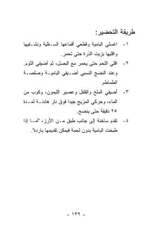 ‫ﻁﺭﻴﻘﺔ ﺍﻟﺘﺤﻀﻴﺭ:‬
‫١- ﺍﻏﺴﻠﻲ ﺍﻟﺒﺎﻤﻴﺔ ﻭﻗﻁﻌﻲ ﺃﻗﻤﺎﻋﻬﺎ ﺍﻟﺴـﻔﻠﻴﺔ ﻭﻨﺸـﻔﻴﻬﺎ‬
                  ‫ﻭﺍﻗﻠﻴﻬﺎ ﺒﺯﻴﺕ ﺍﻟﺫﺭﺓ ﺤﺘﻰ ﺘﺤﻤﺭ.‬
‫٢- ﺍﻗﻠﻲ ﺍﻟﻠﺤﻡ ﺤﺘﻰ ﻴﺤﻤﺭ ﻤﻊ ﺍﻟﺒﺼل، ﺜﻡ ﺃﻀﻴﻔﻲ ﺍﻟﺜﻭﻡ.‬
‫ﻭﻋﻨﺩ ﺍﻟﻨﻀﺞ ﺍﻟﻨﺴﺒﻲ ﺃﻀـﻴﻔﻲ ﺍﻟﺒﺎﻤﻴـﺔ ﻭﺼﻠﺼـﺔ‬
                                      ‫ﺍﻟﻁﻤﺎﻁﻡ.‬
‫٣- ﺃﻀﻴﻔﻲ ﺍﻟﻤﻠﺢ ﻭﺍﻟﻔﻠﻔل ﻭﻋﺼﻴﺭ ﺍﻟﻠﻴﻤﻭﻥ، ﻭﻜﻭﺏ ﻤﻥ‬
‫ﺍﻟﻤﺎﺀ، ﻭﺤﺭﻜﻲ ﺍﻟﻤﺯﻴﺞ ﺠﻴ ‪‬ﺍ ﻓﻭﻕ ﻨﺎﺭ ﻫﺎﺩﺌـﺔ ﻟﻤـﺩﺓ‬
                      ‫ﺩ‬
                          ‫٥٢ ﺩﻗﻴﻘﺔ ﺤﺘﻰ ﻴﻨﻀﺞ.‬
‫٤- ﹸﻘﺩﻡ ﺴﺎﺨﻨﺔ ﺇﻟﻰ ﺠﺎﻨﺏ ﻁﺒﻕ ﻤـﻥ ﺍﻷﺭﺯ، "ﺃﻤـﺎ ﺇﺫﺍ‬
                                          ‫ﺘ‬
   ‫ﻁﺒﺨﺕ ﺍﻟﺒﺎﻤﻴﺔ ﺒﺩﻭﻥ ﻟﺤﻤﺔ ﻓﻴﻤﻜﻥ ﺘﻘﺩﻴﻤﻬﺎ ﺒﺎﺭﺩﺓ".‬




                     ‫- ٢٣١ -‬
 