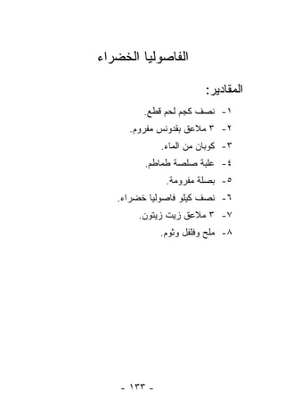 ‫ﺍﻟﻔﺎﺼﻭﻟﻴﺎ ﺍﻟﺨﻀﺭﺍﺀ‬

                         ‫ﺍﻟﻤﻘﺎﺩﻴﺭ:‬
         ‫١- ﻨﺼﻑ ﻜﺠﻡ ﻟﺤﻡ ﻗﻁﻊ.‬
      ‫٢- ٣ ﻤﻼﻋﻕ ﺒﻘﺩﻭﻨﺱ ﻤﻔﺭﻭﻡ.‬
              ‫٣- ﻜﻭﺒﺎﻥ ﻤﻥ ﺍﻟﻤﺎﺀ.‬
         ‫٤- ﻋﻠﺒﺔ ﺼﻠﺼﺔ ﻁﻤﺎﻁﻡ.‬
               ‫٥- ﺒﺼﻠﺔ ﻤﻔﺭﻭﻤﺔ.‬
   ‫٦- ﻨﺼﻑ ﻜﻴﻠﻭ ﻓﺎﺼﻭﻟﻴﺎ ﺨﻀﺭﺍﺀ.‬
        ‫٧- ٣ ﻤﻼﻋﻕ ﺯﻴﺕ ﺯﻴﺘﻭﻥ.‬
              ‫٨- ﻤﻠﺢ ﻭﻓﻠﻔل ﻭﺜﻭﻡ.‬




    ‫- ٣٣١ -‬
 