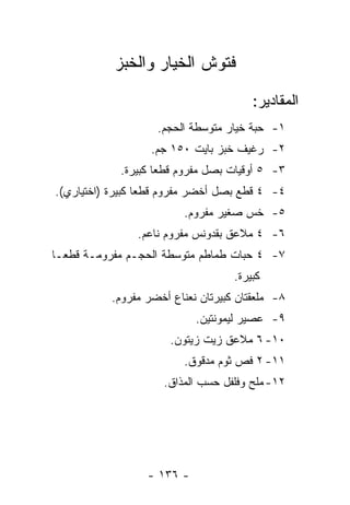 ‫ﻓﺘﻭﺵ ﺍﻟﺨﻴﺎﺭ ﻭﺍﻟﺨﺒﺯ‬

                                        ‫ﺍﻟﻤﻘﺎﺩﻴﺭ:‬
                    ‫١- ﺤﺒﺔ ﺨﻴﺎﺭ ﻤﺘﻭﺴﻁﺔ ﺍﻟﺤﺠﻡ.‬
                   ‫٢- ﺭﻏﻴﻑ ﺨﺒﺯ ﺒﺎﻴﺕ ٠٥١ ﺠﻡ.‬
            ‫٣- ٥ ﺃﻭﻗﻴﺎﺕ ﺒﺼل ﻤﻔﺭﻭﻡ ﻗﻁﻌﺎ ﻜﺒﻴﺭﺓ.‬
                    ‫‪‬‬
‫٤- ٤ ﻗﻁﻊ ﺒﺼل ﺃﺨﻀﺭ ﻤﻔﺭﻭﻡ ﻗﻁﻌﺎ ﻜﺒﻴﺭﺓ )ﺍﺨﺘﻴﺎﺭﻱ(.‬
                  ‫‪‬‬
                          ‫٥- ﺨﺱ ﺼﻐﻴﺭ ﻤﻔﺭﻭﻡ.‬
                ‫٦- ٤ ﻤﻼﻋﻕ ﺒﻘﺩﻭﻨﺱ ﻤﻔﺭﻭﻡ ﻨﺎﻋﻡ.‬
‫٧- ٤ ﺤﺒﺎﺕ ﻁﻤﺎﻁﻡ ﻤﺘﻭﺴﻁﺔ ﺍﻟﺤﺠـﻡ ﻤﻔﺭﻭﻤـﺔ ﻗﻁ ‪‬ـﺎ‬
  ‫ﻌ‬
                                    ‫ﻜﺒﻴﺭﺓ.‬
           ‫٨- ﻤﻠﻌﻘﺘﺎﻥ ﻜﺒﻴﺭﺘﺎﻥ ﻨﻌﻨﺎﻉ ﺃﺨﻀﺭ ﻤﻔﺭﻭﻡ.‬
                            ‫٩- ﻋﺼﻴﺭ ﻟﻴﻤﻭﻨﺘﻴﻥ.‬
                       ‫٠١- ٦ ﻤﻼﻋﻕ ﺯﻴﺕ ﺯﻴﺘﻭﻥ.‬
                          ‫١١- ٢ ﻓﺹ ﺜﻭﻡ ﻤﺩﻗﻭﻕ.‬
                     ‫٢١- ﻤﻠﺢ ﻭﻓﻠﻔل ﺤﺴﺏ ﺍﻟﻤﺫﺍﻕ.‬




                  ‫- ٦٣١ -‬
 