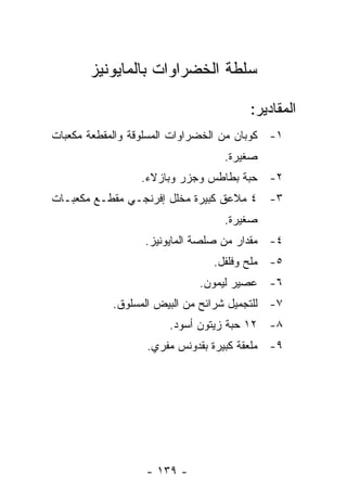 ‫ﺴﻠﻁﺔ ﺍﻟﺨﻀﺭﺍﻭﺍﺕ ﺒﺎﻟﻤﺎﻴﻭﻨﻴﺯ‬

                                       ‫ﺍﻟﻤﻘﺎﺩﻴﺭ:‬
‫١- ﻜﻭﺒﺎﻥ ﻤﻥ ﺍﻟﺨﻀﺭﺍﻭﺍﺕ ﺍﻟﻤﺴﻠﻭﻗﺔ ﻭﺍﻟﻤﻘﻁﻌﺔ ﻤﻜﻌﺒﺎﺕ‬
                                  ‫ﺼﻐﻴﺭﺓ.‬
                 ‫٢- ﺤﺒﺔ ﺒﻁﺎﻁﺱ ﻭﺠﺯﺭ ﻭﺒﺎﺯﻻﺀ.‬
‫٣- ٤ ﻤﻼﻋﻕ ﻜﺒﻴﺭﺓ ﻤﺨﻠل ﺇﻓﺭﻨﺠـﻲ ﻤﻘﻁـﻊ ﻤﻜﻌﺒـﺎﺕ‬
                                  ‫ﺼﻐﻴﺭﺓ.‬
                  ‫٤- ﻤﻘﺩﺍﺭ ﻤﻥ ﺼﻠﺼﺔ ﺍﻟﻤﺎﻴﻭﻨﻴﺯ.‬
                                ‫٥- ﻤﻠﺢ ﻭﻓﻠﻔل.‬
                             ‫٦- ﻋﺼﻴﺭ ﻟﻴﻤﻭﻥ.‬
            ‫٧- ﻟﻠﺘﺠﻤﻴل ﺸﺭﺍﺌﺢ ﻤﻥ ﺍﻟﺒﻴﺽ ﺍﻟﻤﺴﻠﻭﻕ.‬
                       ‫٨- ٢١ ﺤﺒﺔ ﺯﻴﺘﻭﻥ ﺃﺴﻭﺩ.‬
                   ‫٩- ﻤﻠﻌﻘﺔ ﻜﺒﻴﺭﺓ ﺒﻘﺩﻭﻨﺱ ﻤﻔﺭﻱ.‬




                  ‫- ٩٣١ -‬
 