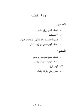 ‫ﻭﺭﻕ ﺍﻟﻌﻨﺏ‬

                                 ‫ﺍﻟﻤﻘﺎﺩﻴﺭ:‬
                ‫١- ﻨﺼﻑ ﻜﺠﻡ ﻭﺭﻕ ﻋﻨﺏ.‬
                          ‫٢- ٣ ﺒﺼﻼﺕ.‬
‫٣- ﻜﺠﻡ ﻁﻤﺎﻁﻡ ﺤﻤﺭﺍﺀ "ﻴﻤﻜﻥ ﺍﻻﺴﺘﻐﻨﺎﺀ ﻋﻨﻬﺎ".‬
        ‫٤- ﻨﺼﻑ ﻜﻭﺏ ﺴﻤﻥ ﺃﻭ ﺯﻴﺕ ﻨﺒﺎﺘﻲ.‬

                                  ‫ﺍﻟﺤﺸﻭ:‬
           ‫١- ﻨﺼﻑ ﻜﺠﻡ ﻟﺤﻡ ﻤﻔﺭﻭﻡ ﻨﺎﻋﻡ.‬
             ‫٢- ﻨﺼﻑ ﻜﻭﺏ ﺴﻤﻥ ﺃﻭ ﺯﻴﺕ.‬
                          ‫٣- ﻜﻭﺏ ﺃﺭﺯ.‬
               ‫٤- ﺒﻬﺎﺭ ﻭﻤﻠﺢ ﻭﻗﺭﻓﺔ ﻭﻓﻠﻔل.‬




           ‫- ٢٤١ -‬
 