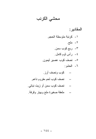 ‫ﻤﺤﺸﻲ ﺍﻟﻜﺭﻨﺏ‬

                                  ‫ﺍﻟﻤﻘﺎﺩﻴﺭ:‬
               ‫١- ﻜﺭﻨﺒﺔ ﻤﺘﻭﺴﻁﺔ ﺍﻟﺤﺠﻡ.‬
                                ‫٢- ﻤﻠﺢ.‬
                    ‫٣- ﺭﺒﻊ ﻜﻭﺏ ﺴﻤﻥ.‬
                    ‫٤- ﺭﺃﺱ ﺜﻭﻡ ﻜﺎﻤل.‬
          ‫٥- ﻨﺼﻑ ﻜﻭﺏ ﻋﺼﻴﺭ ﻟﻴﻤﻭﻥ.‬
                               ‫٦- ﺍﻟﺤﺸﻭ:‬
           ‫ﻜﻭﺏ ﻭﻨﺼﻑ ﺃﺭﺯ.‬          ‫−‬
  ‫ﻨﺼﻑ ﻜﻭﺏ ﻟﺤﻡ ﻤﻔﺭﻭﻡ ﻨﺎﻋﻡ.‬         ‫−‬
‫ﻨﺼﻑ ﻜﻭﺏ ﺴﻤﻥ ﺃﻭ ﺯﻴﺕ ﻨﺒﺎﺘﻲ.‬         ‫−‬
‫ﻤﻠﻌﻘﺔ ﺼﻐﻴﺭﺓ ﻤﻠﺢ ﻭﺒﻬﺎﺭ ﻭﻗﺭﻓﺔ.‬      ‫−‬




         ‫- ٤٤١ -‬
 