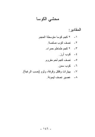 ‫ﻤﺤﺸﻲ ﺍﻟﻜﻭﺴﺎ‬

                                  ‫ﺍﻟﻤﻘﺎﺩﻴﺭ:‬
           ‫١- ٢ ﻜﺠﻡ ﻜﻭﺴﺎ ﻤﺘﻭﺴﻁﺔ ﺍﻟﺤﺠﻡ.‬
                  ‫٢- ﻨﺼﻑ ﻜﻭﺏ ﺼﻠﺼﺔ.‬
                 ‫٣- ٢ ﻜﺠﻡ ﻁﻤﺎﻁﻡ ﺤﻤﺭﺍﺀ.‬
                           ‫٤- ﻜﻭﺏ ﺃﺭﺯ.‬
                ‫٥- ﻨﺼﻑ ﻜﺠﻡ ﻟﺤﻡ ﻤﻔﺭﻭﻡ.‬
                          ‫٦- ﻜﻭﺏ ﺴﻤﻥ.‬
‫٧- ﺒﻬﺎﺭﺍﺕ ﻭﻓﻠﻔل ﻭﻗﺭﻓﺔ، ﻭﺜﻭﻡ )ﺤﺴﺏ ﺍﻟﺭﻏﺒﺔ(.‬
                  ‫٨- ﻋﺼﻴﺭ ﻨﺼﻑ ﻟﻴﻤﻭﻨﺔ.‬




             ‫- ٦٤١ -‬
 