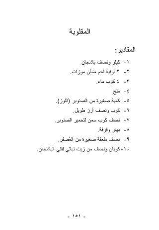 ‫ﺍﻟﻤﻘﻠﻭﺒﺔ‬

                                    ‫ﺍﻟﻤﻘﺎﺩﻴﺭ:‬
                   ‫١- ﻜﻴﻠﻭ ﻭﻨﺼﻑ ﺒﺎﺫﻨﺠﺎﻥ.‬
               ‫٢- ٢ ﺃﻭﻗﻴﺔ ﻟﺤﻡ ﻀﺄﻥ ﻤﻭﺯﺍﺕ.‬
                           ‫٣- ٤ ﻜﻭﺏ ﻤﺎﺀ.‬
                                  ‫٤- ﻤﻠﺢ.‬
        ‫٥- ﻜﻤﻴﺔ ﺼﻐﻴﺭﺓ ﻤﻥ ﺍﻟﺼﻨﻭﺒﺭ )ﺍﻟﻠﻭﺯ(.‬
                ‫٦- ﻜﻭﺏ ﻭﻨﺼﻑ ﺃﺭﺯ ﻁﻭﻴل.‬
        ‫٧- ﻨﺼﻑ ﻜﻭﺏ ﺴﻤﻥ ﻟﺘﺤﻤﻴﺭ ﺍﻟﺼﻨﻭﺒﺭ.‬
                            ‫٨- ﺒﻬﺎﺭ ﻭﻗﺭﻓﺔ.‬
         ‫٩- ﻨﺼﻑ ﻤﻠﻌﻘﺔ ﺼﻐﻴﺭﺓ ﻤﻥ ﺍﻟ ُﺼﻔﺭ.‬
             ‫ﻌ‬
‫٠١- ﻜﻭﺒﺎﻥ ﻭﻨﺼﻑ ﻤﻥ ﺯﻴﺕ ﻨﺒﺎﺘﻲ ﻟﻘﻠﻲ ﺍﻟﺒﺎﺫﻨﺠﺎﻥ.‬




              ‫- ١٥١ -‬
 