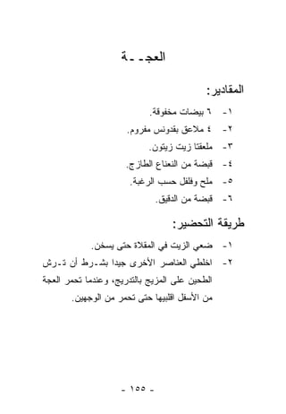 ‫ﺍﻟﻌﺠــﺔ‬

                                           ‫ﺍﻟﻤﻘﺎﺩﻴﺭ:‬
                            ‫١- ٦ ﺒﻴﻀﺎﺕ ﻤﺨﻔﻭﻗﺔ.‬
                      ‫٢- ٤ ﻤﻼﻋﻕ ﺒﻘﺩﻭﻨﺱ ﻤﻔﺭﻭﻡ.‬
                            ‫٣- ﻤﻠﻌﻘﺘﺎ ﺯﻴﺕ ﺯﻴﺘﻭﻥ.‬
                      ‫٤- ﻗﺒﻀﺔ ﻤﻥ ﺍﻟﻨﻌﻨﺎﻉ ﺍﻟﻁﺎﺯﺝ.‬
                       ‫٥- ﻤﻠﺢ ﻭﻓﻠﻔل ﺤﺴﺏ ﺍﻟﺭﻏﺒﺔ.‬
                              ‫٦- ﻗﺒﻀﺔ ﻤﻥ ﺍﻟﺩﻗﻴﻕ.‬

                                  ‫ﻁﺭﻴﻘﺔ ﺍﻟﺘﺤﻀﻴﺭ:‬
            ‫١- ﻀﻌﻲ ﺍﻟﺯﻴﺕ ﻓﻲ ﺍﻟﻤﻘﻼﺓ ﺤﺘﻰ ﻴﺴﺨﻥ.‬
‫٢- ﺍﺨﻠﻁﻲ ﺍﻟﻌﻨﺎﺼﺭ ﺍﻷﺨﺭﻯ ﺠﻴ ‪‬ﺍ ﺒﺸـﺭﻁ ﺃﻥ ﺘـﺭﺵ‬
               ‫ﺩ‬
‫ﺍﻟﻁﺤﻴﻥ ﻋﻠﻰ ﺍﻟﻤﺯﻴﺞ ﺒﺎﻟﺘﺩﺭﻴﺞ، ﻭﻋﻨﺩﻤﺎ ﺘﺤﻤﺭ ﺍﻟﻌﺠﺔ‬
       ‫ﻤﻥ ﺍﻷﺴﻔل ﺍﻗﻠﺒﻴﻬﺎ ﺤﺘﻰ ﺘﺤﻤﺭ ﻤﻥ ﺍﻟﻭﺠﻬﻴﻥ.‬




                    ‫- ٥٥١ -‬
 