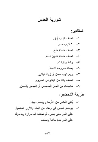 ‫ﺸﻭﺭﺒﺔ ﺍﻟﻌﺩﺱ‬

                                         ‫ﺍﻟﻤﻘﺎﺩﻴﺭ:‬
                            ‫١- ﻨﺼﻑ ﻜﻭﺏ ﺃﺭﺯ.‬
                                ‫٢- ٦ ﻜﻭﺏ ﻤﺎﺀ.‬
                            ‫٣- ﻨﺼﻑ ﻤﻠﻌﻘﺔ ﻤﻠﺢ.‬
                      ‫٤- ﻨﺼﻑ ﻤﻠﻌﻘﺔ ﻜﻤﻭﻥ ﻨﺎﻋﻡ.‬
                               ‫٥- ﺭﺸﺔ ﺒﻬﺎﺭﺍﺕ.‬
                         ‫٦- ﺒﺼﻠﺔ ﻤﻔﺭﻭﻤﺔ ﻨﺎﻋﻤﺔ.‬
                 ‫٧- ﺭﺒﻊ ﻜﻭﺏ ﺴﻤﻥ ﺃﻭ ﺯﻴﺕ ﻨﺒﺎﺘﻲ.‬
              ‫٨- ﻨﺼﻑ ﺒﺎﻗﺔ ﻤﻥ ﺍﻟﺒﻘﺩﻭﻨﺱ ﺍﻟﻤﻔﺭﻭﻡ.‬
   ‫٩- ﻤﻜﻌﺒﺎﺕ ﻤﻥ ﺍﻟﺨﺒﺯ ﺍﻟﻤﺤﻤﺹ ﺃﻭ ﺍﻟﻤﺤﻤﺭ ﺒﺎﻟﺴﻤﻥ.‬

                                ‫ﻁﺭﻴﻘﺔ ﺍﻟﺘﺤﻀﻴﺭ:‬
           ‫١- ُﻨﻘﻰ ﺍﻟﻌﺩﺱ ﻤﻥ ﺍﻷﻭﺴﺎﺥ ﻭ ُﻐﺴل ﺠﻴ ‪‬ﺍ.‬
             ‫ﺩ‬       ‫ﻴ‬                      ‫ﻴ‬
‫٢- ﻴﻭﻀﻊ ﺍﻟﻌﺩﺱ ﻓﻲ ﻭﻋﺎﺀ ﻤﻥ ﺍﻟﻤﺎﺀ ﻭﺍﻷﺭﺯ ﺍﻟﻤﻐﺴﻭل‬
‫ﻋﻠﻰ ﺍﻟﻨﺎﺭ ﺤﺘﻰ ﻴﻐﻠﻲ، ﺜﻡ ﺘﺨﻔﻑ ﺍﻟﺤـﺭﺍﺭﺓ ﻭﻴﺘـﺭﻙ‬
                  ‫ﻋﻠﻰ ﺍﻟﻨﺎﺭ ﻤﺩﺓ ﺴﺎﻋﺔ ﻭﻨﺼﻑ.‬


                   ‫- ٧٥١ -‬
 