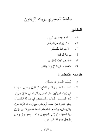 ‫ﺴﻠﻁﺔ ﺍﻟﺠﻤﺒﺭﻱ ﺒﺯﻴﺕ ﺍﻟﺯﻴﺘﻭﻥ‬

                                          ‫ﺍﻟﻤﻘﺎﺩﻴﺭ:‬
                         ‫١- ٤ ﻗﻁﻊ ﺠﻤﺒﺭﻱ ﻜﺒﻴﺭ.‬
                         ‫٢- ٠٠٨ ﺠﺭﺍﻡ ﺨﺭﺸﻭﻑ.‬
                           ‫٣- ٠٢ ﺠﺭﺍﻤﺎ ﻁﻤﺎﻁﻡ.‬
                                   ‫‪‬‬
                               ‫٤- ﺤﺯﻤﺔ ﻜﺭﻓﺱ.‬
                         ‫٥- ٥١ ﺠﻡ ﺯﻴﺕ ﺯﻴﺘﻭﻥ.‬
                    ‫٦- ﻤﻠﻌﻘﺔ ﺼﻐﻴﺭﺓ ﻜﺯﺒﺭﺓ ﺠﺎﻓﺔ.‬

                                 ‫ﻁﺭﻴﻘﺔ ﺍﻟﺘﺤﻀﻴﺭ:‬
                       ‫١- ُﻨﻅﻑ ﺍﻟﺠﻤﺒﺭﻱ ﻭﻴﺴﻠﻕ.‬
                                         ‫ﻴ‬
‫٢- ﹸﻨﻅﻑ ﺍﻟﺨﻀﺭﺍﻭﺍﺕ ﻭ ﹸﻘﻁﻊ، ﺜﻡ ﹸﺘﺒل ﻭ ﹸﻁﻬﻰ ﺴﻭﺘﻴﻪ‬
         ‫ﺘ‬      ‫ﺘ‬        ‫ﺘ‬                ‫ﺘ‬
‫ﻓﻲ ﺯﻴﺕ ﺍﻟﺯﻴﺘﻭﻥ، ﺜﻡ ﹸﺼﻔﻰ ﻭ ﹸﺘﺭﻙ ﻓﻲ ﻤﻜﺎﻥ ﺒﺎﺭﺩ.‬
                 ‫ﺘ‬      ‫ﺘ‬
‫٣- ُﻌﺩ ﺍﻟﺼﻭﺹ ﺍﻟﺨﺎﺹ ﺍﻟﻤﺴﺘﺨﺩﻡ ﻓﻲ ﻫـﺫﺍ ﺍﻟﻁﺒـﻕ،‬ ‫ﻴ‬
‫ﻭﻫﻭ ﻋﺒﺎﺭﺓ ﻋﻥ ﺤﻔﻨﺔ ﺜﻭﻡ ﹸﺩﻕ ﻤﻊ ﺯﻴـﺕ ﺍﻟﺯﻴﺘـﻭﻥ‬
                     ‫ﺘ‬
‫ﻭﺍﻟﺭﻴﺤﺎﻥ، ﻭﺘﻘﻁﻊ ﺍﻟﻁﻤﺎﻁﻡ ﻗﻁ ‪‬ﺎ ﺼﻐﻴﺭﺓ، ﻭ ُـﺯﻴﻥ‬
    ‫ﻴ‬           ‫ﻌ‬
‫ﺒﻬﺎ ﺍﻟﻁﺒﻕ، ﺜﻡ ُﺘﺒل ﺍﻟﺠﻤﺒﺭﻱ ﺒﺎﻟﺼـﻭﺹ ﻭ ُـﺭﺹ‬
      ‫ﻴ‬                       ‫ﻴ‬
                       ‫ﻭ ُﺠﻤل ﺒﺄﻭﺭﺍﻕ ﺍﻟﻜﺭﻓﺱ.‬
                                          ‫ﻴ‬

                    ‫- ٧٦١ -‬
 