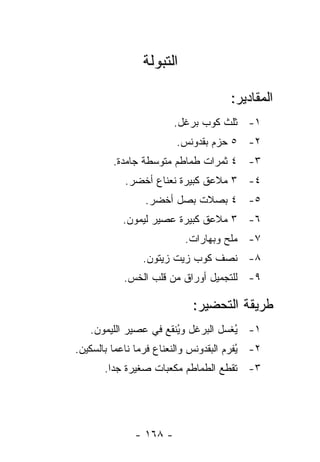 ‫ﺍﻟﺘﺒﻭﻟﺔ‬

                                       ‫ﺍﻟﻤﻘﺎﺩﻴﺭ:‬
                         ‫١- ﺜﻠﺙ ﻜﻭﺏ ﺒﺭﻏل.‬
                         ‫٢- ٥ ﺤﺯﻡ ﺒﻘﺩﻭﻨﺱ.‬
         ‫٣- ٤ ﺜﻤﺭﺍﺕ ﻁﻤﺎﻁﻡ ﻤﺘﻭﺴﻁﺔ ﺠﺎﻤﺩﺓ.‬
            ‫٤- ٣ ﻤﻼﻋﻕ ﻜﺒﻴﺭﺓ ﻨﻌﻨﺎﻉ ﺃﺨﻀﺭ.‬
                 ‫٥- ٤ ﺒﺼﻼﺕ ﺒﺼل ﺃﺨﻀﺭ.‬
            ‫٦- ٣ ﻤﻼﻋﻕ ﻜﺒﻴﺭﺓ ﻋﺼﻴﺭ ﻟﻴﻤﻭﻥ.‬
                           ‫٧- ﻤﻠﺢ ﻭﺒﻬﺎﺭﺍﺕ.‬
                 ‫٨- ﻨﺼﻑ ﻜﻭﺏ ﺯﻴﺕ ﺯﻴﺘﻭﻥ.‬
            ‫٩- ﻟﻠﺘﺠﻤﻴل ﺃﻭﺭﺍﻕ ﻤﻥ ﻗﻠﺏ ﺍﻟﺨﺱ.‬

                             ‫ﻁﺭﻴﻘﺔ ﺍﻟﺘﺤﻀﻴﺭ:‬
   ‫١- ُﻐﺴل ﺍﻟﺒﺭﻏل ﻭ ُﻨﻘﻊ ﻓﻲ ﻋﺼﻴﺭ ﺍﻟﻠﻴﻤﻭﻥ.‬
                       ‫ﻴ‬             ‫ﻴ‬
‫٢- ُﻔﺭﻡ ﺍﻟﺒﻘﺩﻭﻨﺱ ﻭﺍﻟﻨﻌﻨﺎﻉ ﻓﺭ ‪‬ﺎ ﻨﺎﻋ ‪‬ﺎ ﺒﺎﻟﺴﻜﻴﻥ.‬
          ‫ﻤ‬      ‫ﻤ‬                         ‫ﻴ‬
       ‫٣- ﹸﻘﻁﻊ ﺍﻟﻁﻤﺎﻁﻡ ﻤﻜﻌﺒﺎﺕ ﺼﻐﻴﺭﺓ ﺠ ‪‬ﺍ.‬
         ‫ﺩ‬                           ‫ﺘ‬




               ‫- ٨٦١ -‬
 