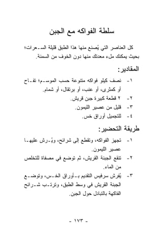 ‫ﺴﻠﻁﺔ ﺍﻟﻔﻭﺍﻜﻪ ﻤﻊ ﺍﻟﺠﺒﻥ‬
‫ﻜل ﺍﻟﻌﻨﺎﺼﺭ ﺍﻟﺘﻲ ُﺼﻨﻊ ﻤﻨﻬﺎ ﻫﺫﺍ ﺍﻟﻁﺒﻕ ﻗﻠﻴﻠﺔ ﺍﻟﺴـﻌﺭﺍﺕ؛‬
                                  ‫ﻴ‬
    ‫ﺒﺤﻴﺙ ﻴﻤﻜﻨﻙ ﻤلﺀ ﻤﻌﺩﺘﻙ ﻤﻨﻬﺎ ﺩﻭﻥ ﺍﻟﺨﻭﻑ ﻤﻥ ﺍﻟﺴﻤﻨﺔ.‬

                                           ‫ﺍﻟﻤﻘﺎﺩﻴﺭ:‬
‫ﻨﺼﻑ ﻜﻴﻠﻭ ﻓﻭﺍﻜﻪ ﻤﺘﻨﻭﻋﺔ ﺤﺴﺏ ﺍﻟﻤﻭﺴـﻡ؛ ﺘﻔـﺎﺡ‬        ‫١-‬
        ‫ﺃﻭ ﻜﻤﺜﺭﻯ، ﺃﻭ ﻋﻨﺏ، ﺃﻭ ﺒﺭﺘﻘﺎل، ﺃﻭ ﺸﻤﺎﻡ.‬
                      ‫٢ ﻗﻁﻌﺔ ﻜﺒﻴﺭﺓ ﺠﺒﻥ ﻗﺭﻴﺵ.‬    ‫٢-‬
                        ‫ﻗﻠﻴل ﻤﻥ ﻋﺼﻴﺭ ﺍﻟﻠﻴﻤﻭﻥ.‬   ‫٣-‬
                            ‫ﻟﻠﺘﺠﻤﻴل ﺃﻭﺭﺍﻕ ﺨﺱ.‬   ‫٤-‬

                                  ‫ﻁﺭﻴﻘﺔ ﺍﻟﺘﺤﻀﻴﺭ:‬
‫١- ﹸﺠﻬﺯ ﺍﻟﻔﻭﺍﻜﻪ، ﻭ ﹸﻘﻁﻊ ﺇﻟﻰ ﺸﺭﺍﺌﺢ، ﻭ ُـﺭﺵ ﻋﻠﻴﻬـﺎ‬
           ‫ﻴ‬                ‫ﺘ‬                ‫ﺘ‬
                              ‫ﻋﺼﻴﺭ ﺍﻟﻠﻴﻤﻭﻥ.‬
‫٢- ﹸﻨﻘﻊ ﺍﻟﺠﺒﻨﺔ ﺍﻟﻘﺭﻴﺵ، ﺜﻡ ﹸﻭﻀﻊ ﻓﻲ ﻤﺼﻔﺎﺓ ﻟﻠﺘﺨﻠﺹ‬
                     ‫ﺘ‬                       ‫ﺘ‬
                                    ‫ﻤﻥ ﺍﻟﻤﺎﺀ.‬
‫٣- ُﻔﺭﺵ ﺴﺭﻓﻴﺱ ﺍﻟﺘﻘﺩﻴﻡ ﺒـﺄﻭﺭﺍﻕ ﺍﻟﺨـﺱ، ﻭﺘﻭﻀـﻊ‬  ‫ﻴ‬
‫ﺍﻟﺠﺒﻨﺔ ﺍﻟﻘﺭﻴﺵ ﻓﻲ ﻭﺴﻁ ﺍﻟﻁﺒﻕ، ﻭ ﹸﺭﺘـﺏ ﺸـﺭﺍﺌﺢ‬
             ‫ﺘ‬
                   ‫ﺍﻟﻔﺎﻜﻬﺔ ﺒﺎﻟﺘﺒﺎﺩل ﺤﻭل ﺍﻟﺠﺒﻥ.‬



                    ‫- ٣٧١ -‬
 