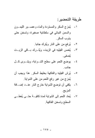 ‫ﻁﺭﻴﻘﺔ ﺍﻟﺘﺤﻀﻴﺭ:‬
‫١- ُﻤﺯﺝ ﺍﻟﺴﻜﺭ ﻭﺍﻟﻤﺴﺘﺭﺩﺓ ﻭﺍﻟﻤﺎﺀ ﻭﻋﺼـﻴﺭ ﺍﻟﻠﻴﻤـﻭﻥ‬
                                          ‫ﻴ‬
‫ﻭﺍﻟﺴﻤﻥ ﺍﻟﻨﺒﺎﺘﻲ ﻓﻲ ﺴﻠﻁﺎﻨﻴﺔ ﺼﻐﻴﺭﺓ، ﻭ ﹸﺴﺨﻥ ﺤﺘﻰ‬
       ‫ﺘ‬
                                ‫ﻴﺫﻭﺏ ﺍﻟﺴﻜﺭ.‬
               ‫٢- ُﺭﻓﻊ ﻤﻥ ﻋﻠﻰ ﺍﻟﻨﺎﺭ ﻭ ُﺘﺭﻙ ﺠﺎﻨ ‪‬ﺎ.‬
                 ‫ﺒ‬        ‫ﻴ‬                   ‫ﻴ‬
‫٣- ُﻐﻤﺱ ﺍﻟﻔﻴﻠﻴﻪ ﻓﻲ ﺍﻟﺯﻴﺕ، ﻭ ُﺘـﺭﻙ ﺒـﺎﻗﻲ ﺍﻟﺯﻴـﺕ‬
                 ‫ﻴ‬                        ‫ﻴ‬
                                     ‫ُﺼﻔﻰ.‬
                                         ‫ﻴ‬
‫٤- ﻴﻭﻀﻊ ﺍﻟﻠﺤﻡ ﻋﻠﻰ ﺴﻁﺢ ﺍﻟﺸـﻭﺍﻴﺔ، ﻭﻴﺸـﻭﻯ ﹸـل‬
  ‫ﻜ‬
                                      ‫ﺠﺎﻨﺏ.‬
‫٥- ُﺭﺵ ﺍﻟﻔﻴﻠﻴﻪ ﻭﺍﻟﻔﺎﻜﻬﺔ ﺒﺨﻠﻴﻁ ﺍﻟﺴﻜﺭ. ﻫﺫﺍ ﻭﻴﺠﺏ ﺃﻥ‬
                                            ‫ﻴ‬
       ‫ُﻤﺯﺝ ﻤﻥ ﻏﻴﺭ ﺭﻓﻊ ﺍﻟﻠﺤﻡ ﻤﻥ ﻋﻠﻰ ﺍﻟﺸﻭﺍﻴﺔ.‬
                                           ‫ﻴ‬
‫٦- ﻴﻜﻔﻲ ﺃﻥ ﺘﻭﻀﻊ ﺍﻟﺸﻭﺍﻴﺔ ﺨﺎﺭﺝ ﺍﻟﻨﺎﺭ ﻋﻨـﺩ ﺇﻀـﺎﻓﺔ‬
                                     ‫ﺍﻟﻤﺯﻴﺞ.‬
‫٧- ُﻌﺎﺩ ﺍﻟﻠﺤﻡ ﺇﻟﻰ ﺍﻟﺸﻭﺍﻴﺔ ﻟﻤﺩﺓ ﻜﺎﻓﻴـﺔ ﺤﺘـﻰ ُﻐﻁـﻰ‬
    ‫ﻴ‬                                       ‫ﻴ‬
                       ‫ﺍﻟﺴﻁﺢ ﻭﺘﺴﺨﻥ ﺍﻟﻔﺎﻜﻬﺔ.‬




                    ‫- ٥٧١ -‬
 