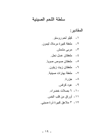 ‫ﺴﻠﻁﺔ ﺍﻟﻠﺤﻡ ﺍﻟﺼﻴﻨﻴﺔ‬

                         ‫ﺍﻟﻤﻘﺎﺩﻴﺭ:‬
              ‫١- ﻜﻴﻠﻭ ﻟﺤﻡ ﺭﻭﺴﺘﻭ.‬
     ‫٢- ﻤﻠﻌﻘﺔ ﻜﺒﻴﺭﺓ ﻤﺭﻤﻼﺩ ﻟﻴﻤﻭﻥ.‬
                ‫٣- ﻤﺭﺒﻰ ﻤﺸﻤﺵ.‬
           ‫٤- ﻤﻠﻌﻘﺘﺎﻥ ﻋﺴل ﻨﺤل.‬
        ‫٥- ﻤﻠﻌﻘﺘﺎﻥ ﺼﻭﺹ ﺼﻭﻴﺎ.‬
          ‫٦- ﻤﻠﻌﻘﺘﺎﻥ ﺯﻴﺕ ﺯﻴﺘﻭﻥ.‬
         ‫٧- ﻤﻠﻌﻘﺔ ﺒﻬﺎﺭﺍﺕ ﺼﻴﻨﻴﺔ.‬
                      ‫٨- ﺠﺯﺭﺓ.‬
                 ‫٩- ﻋﻭﺩ ﻜﺭﻓﺱ.‬
          ‫٠١- ٦ ﺒﺼﻼﺕ ﺨﻀﺭﺍﺀ.‬
        ‫١١- ﺃﻭﺭﺍﻕ ﻤﻥ ﻗﻠﺏ ﺍﻟﺨﺱ.‬
    ‫٢١- ٣ ﻤﻼﻋﻕ ﻜﺒﻴﺭﺓ ﺫﺭﺓ ﺼﻴﻨﻲ.‬




     ‫- ٩١ -‬
 