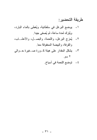 ‫ﻁﺭﻴﻘﺔ ﺍﻟﺘﺤﻀﻴﺭ:‬
‫١- ﻴﻭﻀﻊ ﺍﻟﺒﺭﻏل ﻓﻲ ﺴﻠﻁﺎﻨﻴﺔ، ﻭ ُﻐﻁﻰ ﺒﺎﻟﻤﺎﺀ ﺍﻟﺒﺎﺭﺩ،‬
                  ‫ﻴ‬
             ‫ﻭ ُﺘﺭﻙ ﻟﻤﺩﺓ ﺴﺎﻋﺔ، ﺜﻡ ُﺼﻔﻰ ﺠﻴ ‪‬ﺍ.‬
               ‫ﺩ‬       ‫ﻴ‬                  ‫ﻴ‬
‫٢- ُﻤﺯﺝ ﺍﻟﺒﺭﻏل، ﻭﺍﻟﻠﺤﻤﺔ، ﻭﺍﻟﺒﺼـل، ﻭﺍﻷﻋﺸـﺎﺏ،‬
                                       ‫ﻴ‬
                ‫ﻭﺍﻟﻘﺭﻓﺔ، ﻭﺍﻟﺒﻴﻀﺔ ﺍﻟﻤﺨﻔﻭﻗﺔ ﻤ ‪‬ﺎ.‬
                  ‫ﻌ‬
‫٣- ﻴﺸﻜل ﺍﻟﻤﻘﺩﺍﺭ ﻋﻠﻰ ﻫﻴﺌﺔ ﻜـﻭﺭﺓ ﺼـﻐﻴﺭﺓ ﺤـﻭﺍﻟﻲ‬
                                       ‫٢ ﺴﻡ.‬
                       ‫٤- ﺘﻭﻀﻊ ﺍﻟﻠﺤﻤﺔ ﻓﻲ ﺃﺴﻴﺎﺥ.‬




                    ‫- ١٣ -‬
 