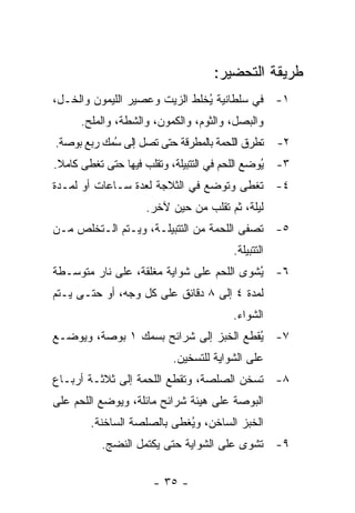 ‫ﻁﺭﻴﻘﺔ ﺍﻟﺘﺤﻀﻴﺭ:‬
‫١- ﻓﻲ ﺴﻠﻁﺎﻨﻴﺔ ُﺨﻠﻁ ﺍﻟﺯﻴﺕ ﻭﻋﺼﻴﺭ ﺍﻟﻠﻴﻤﻭﻥ ﻭﺍﻟﺨـل،‬
                               ‫ﻴ‬
      ‫ﻭﺍﻟﺒﺼل، ﻭﺍﻟﺜﻭﻡ، ﻭﺍﻟﻜﻤﻭﻥ، ﻭﺍﻟﺸﻁﺔ، ﻭﺍﻟﻤﻠﺢ.‬
‫ﹸﻁﺭﻕ ﺍﻟﻠﺤﻤﺔ ﺒﺎﻟﻤﻁﺭﻗﺔ ﺤﺘﻰ ﺘﺼل ﺇﻟﻰ ُﻤﻙ ﺭﺒﻊ ﺒﻭﺼﺔ.‬
            ‫ﺴ‬                                ‫ﺘ‬     ‫٢-‬
‫٣- ُﻭﻀﻊ ﺍﻟﻠﺤﻡ ﻓﻲ ﺍﻟﺘﺘﺒﻴﻠﺔ، ﻭﹸﻘﻠﺏ ﻓﻴﻬﺎ ﺤﺘﻰ ﹸﻐﻁﻰ ﻜﺎﻤﻼ.‬
 ‫ﹰ‬       ‫ﺘ‬             ‫ﺘ‬                        ‫ﻴ‬
‫٤- ﹸﻐﻁﻰ ﻭﺘﻭﻀﻊ ﻓﻲ ﺍﻟﺜﻼﺠﺔ ﻟﻌﺩﺓ ﺴـﺎﻋﺎﺕ ﺃﻭ ﻟﻤـﺩﺓ‬
                                        ‫ﺘ‬
                    ‫ﻟﻴﻠﺔ، ﺜﻡ ﹸﻘﻠﺏ ﻤﻥ ﺤﻴﻥ ﻵﺨﺭ.‬
                                   ‫ﺘ‬
‫٥- ﺘﺼﻔﻰ ﺍﻟﻠﺤﻤﺔ ﻤﻥ ﺍﻟﺘﺘﺒﻴﻠـﺔ، ﻭﻴـﺘﻡ ﺍﻟـﺘﺨﻠﺹ ﻤـﻥ‬
                                       ‫ﺍﻟﺘﺘﺒﻴﻠﺔ.‬
‫٦- ُﺸﻭﻯ ﺍﻟﻠﺤﻡ ﻋﻠﻰ ﺸﻭﺍﻴﺔ ﻤﻐﻠﻘﺔ، ﻋﻠﻰ ﻨﺎﺭ ﻤﺘﻭﺴـﻁﺔ‬
                                          ‫ﻴ‬
‫ﻟﻤﺩﺓ ٤ ﺇﻟﻰ ٨ ﺩﻗﺎﺌﻕ ﻋﻠﻰ ﻜل ﻭﺠﻪ، ﺃﻭ ﺤﺘـﻰ ﻴـﺘﻡ‬
                                       ‫ﺍﻟﺸﻭﺍﺀ.‬
‫٧- ﻴﻘﻁﻊ ﺍﻟﺨﺒﺯ ﺇﻟﻰ ﺸﺭﺍﺌﺢ ﺒﺴﻤﻙ ١ ﺒﻭﺼﺔ، ﻭﻴﻭﻀـﻊ‬
                                       ‫ُ‬
                          ‫ﻋﻠﻰ ﺍﻟﺸﻭﺍﻴﺔ ﻟﻠﺘﺴﺨﻴﻥ.‬
‫٨- ﺘﺴﺨﻥ ﺍﻟﺼﻠﺼﺔ، ﻭ ﹸﻘﻁﻊ ﺍﻟﻠﺤﻤﺔ ﺇﻟﻰ ﺜﻼﺜـﺔ ﺃﺭﺒـﺎﻉ‬
                           ‫ﺘ‬
‫ﺍﻟﺒﻭﺼﺔ ﻋﻠﻰ ﻫﻴﺌﺔ ﺸﺭﺍﺌﺢ ﻤﺎﺌﻠﺔ، ﻭﻴﻭﻀﻊ ﺍﻟﻠﺤﻡ ﻋﻠﻰ‬
        ‫ﺍﻟﺨﺒﺯ ﺍﻟﺴﺎﺨﻥ، ﻭ ُﻐﻁﻰ ﺒﺎﻟﺼﻠﺼﺔ ﺍﻟﺴﺎﺨﻨﺔ.‬
                            ‫ﻴ‬
          ‫٩- ﺘﺸﻭﻯ ﻋﻠﻰ ﺍﻟﺸﻭﺍﻴﺔ ﺤﺘﻰ ﻴﻜﺘﻤل ﺍﻟﻨﻀﺞ.‬

                     ‫- ٥٣ -‬
 