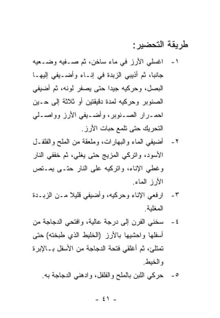 ‫ﻁﺭﻴﻘﺔ ﺍﻟﺘﺤﻀﻴﺭ:‬
‫١- ﺍﻏﺴﻠﻲ ﺍﻷﺭﺯ ﻓﻲ ﻤﺎﺀ ﺴﺎﺨﻥ، ﺜﻡ ﺼـﻔﻴﻪ ﻭﻀـﻌﻴﻪ‬
‫ﺠﺎﻨ ‪‬ﺎ، ﺜﻡ ﺃﺫﻴﺒﻲ ﺍﻟﺯﺒﺩﺓ ﻓﻲ ﺇﻨـﺎﺀ ﻭﺃﻀـﻴﻔﻲ ﺇﻟﻴﻬـﺎ‬
                                          ‫ﺒ‬
‫ﺍﻟﺒﺼل، ﻭﺤﺭﻜﻴﻪ ﺠﻴ ‪‬ﺍ ﺤﺘﻰ ﻴﺼﻔﺭ ﻟﻭﻨﻪ، ﺜﻡ ﺃﻀﻴﻔﻲ‬
                         ‫ﺩ‬
‫ﺍﻟﺼﻨﻭﺒﺭ ﻭﺤﺭﻜﻴﻪ ﻟﻤﺩﺓ ﺩﻗﻴﻘﺘﻴﻥ ﺃﻭ ﺜﻼﺜﺔ ﺇﻟﻰ ﺤـﻴﻥ‬
‫ﺍﺤﻤـﺭﺍﺭ ﺍﻟﺼـﻨﻭﺒﺭ، ﻭﺃﻀـﻴﻔﻲ ﺍﻷﺭﺯ ﻭﻭﺍﺼـﻠﻲ‬
  ‫ـ‬                       ‫ـ‬       ‫ـ‬
                 ‫ﺍﻟﺘﺤﺭﻴﻙ ﺤﺘﻰ ﺘﻠﻤﻊ ﺤﺒﺎﺕ ﺍﻷﺭﺯ.‬
‫٢- ﺃﻀﻴﻔﻲ ﺍﻟﻤﺎﺀ ﻭﺍﻟﺒﻬﺎﺭﺍﺕ، ﻭﻤﻠﻌﻘﺔ ﻤﻥ ﺍﻟﻤﻠﺢ ﻭﺍﻟﻔﻠﻔـل‬
‫ﺍﻷﺴﻭﺩ، ﻭﺍﺘﺭﻜﻲ ﺍﻟﻤﺯﻴﺞ ﺤﺘﻰ ﻴﻐﻠﻲ، ﺜﻡ ﺨﻔﻔﻲ ﺍﻟﻨﺎﺭ‬
‫ﻭﻏﻁﻲ ﺍﻹﻨﺎﺀ، ﻭﺍﺘﺭﻜﻴﻪ ﻋﻠﻰ ﺍﻟﻨﺎﺭ ﺤﺘـﻰ ﻴﻤـﺘﺹ‬
                                   ‫ﺍﻷﺭﺯ ﺍﻟﻤﺎﺀ.‬
‫٣- ﺍﺭﻓﻌﻲ ﺍﻹﻨﺎﺀ ﻭﺤﺭﻜﻴﻪ، ﻭﺃﻀﻴﻔﻲ ﻗﻠﻴﻼ ﻤـﻥ ﺍﻟﺯﺒـﺩﺓ‬
            ‫ﹰ‬
                                        ‫ﺍﻟﻤﻐﻠﻴﺔ.‬
‫٤- ﺴﺨﻨﻲ ﺍﻟﻔﺭﻥ ﺇﻟﻰ ﺩﺭﺠﺔ ﻋﺎﻟﻴﺔ، ﻭﺍﻓﺘﺤﻲ ﺍﻟﺩﺠﺎﺠﺔ ﻤﻥ‬
‫ﺃﺴﻔﻠﻬﺎ ﻭﺍﺤﺸﻴﻬﺎ ﺒﺎﻷﺭﺯ )ﺍﻟﺨﻠﻴﻁ ﺍﻟﺫﻱ ﻁﺒﺨﺘﻪ( ﺤﺘﻰ‬
‫ﺘﻤﺘﻠﺊ، ﺜﻡ ﺃﻏﻠﻘﻲ ﻓﺘﺤﺔ ﺍﻟﺩﺠﺎﺠﺔ ﻤﻥ ﺍﻷﺴﻔل ﺒـﺎﻹﺒﺭﺓ‬
                                       ‫ﻭﺍﻟﺨﻴﻁ.‬
   ‫٥- ﺤﺭﻜﻲ ﺍﻟﻠﺒﻥ ﺒﺎﻟﻤﻠﺢ ﻭﺍﻟﻔﻠﻔل، ﻭﺍﺩﻫﻨﻲ ﺍﻟﺩﺠﺎﺠﺔ ﺒﻪ.‬

                      ‫- ١٤ -‬
 