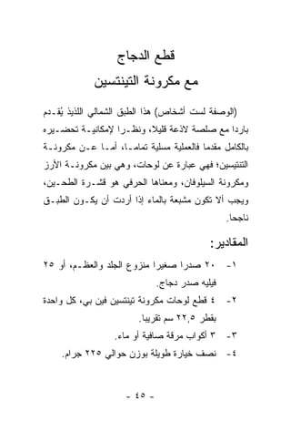 ‫ﻗﻁﻊ ﺍﻟﺩﺠﺎﺝ‬
             ‫ﻤﻊ ﻤﻜﺭﻭﻨﺔ ﺍﻟﺘﻴﻨﺘﺴﻴﻥ‬
‫)ﺍﻟﻭﺼﻔﺔ ﻟﺴﺕ ﺃﺸﺨﺎﺹ( ﻫﺫﺍ ﺍﻟﻁﺒﻕ ﺍﻟﺸﻤﺎﻟﻲ ﺍﻟﻠﺫﻴﺫ ﻴﻘـﺩﻡ‬
    ‫ُ‬
‫ﺒﺎﺭ ‪‬ﺍ ﻤﻊ ﺼﻠﺼﺔ ﻻﺫﻋﺔ ﻗﻠﻴ ﹰ، ﻭﻨﻅـ ‪‬ﺍ ﻹﻤﻜﺎﻨﻴـﺔ ﺘﺤﻀـﻴﺭﻩ‬
                  ‫ﺭ‬       ‫ﻼ‬                   ‫ﺩ‬
‫ﺒﺎﻟﻜﺎﻤل ﻤﻘﺩ ‪‬ﺎ ﻓﺎﻟﻌﻤﻠﻴﺔ ﻤﺴﻠﻴﺔ ﺘﻤﺎ ‪‬ـﺎ، ﺃﻤـﺎ ﻋـﻥ ﻤﻜﺭﻭﻨـﺔ‬
                    ‫ﻤ‬                     ‫ﻤ‬
‫ﺍﻟﺘﻨﺘﻴﺴﻴﻥ؛ ﻓﻬﻲ ﻋﺒﺎﺭﺓ ﻋﻥ ﻟﻭﺤﺎﺕ، ﻭﻫﻲ ﺒﻴﻥ ﻤﻜﺭﻭﻨـﺔ ﺍﻷﺭﺯ‬
‫ﻭﻤﻜﺭﻭﻨﺔ ﺍﻟﺴﻴﻠﻭﻓﺎﻥ، ﻭﻤﻌﻨﺎﻫﺎ ﺍﻟﺤﺭﻓﻲ ﻫﻭ ﻗﺸـﺭﺓ ﺍﻟﻁﺤـﻴﻥ،‬
‫ﻭﻴﺠﺏ ﺃﻻ ﺘﻜﻭﻥ ﻤﺸﺒﻌﺔ ﺒﺎﻟﻤﺎﺀ ﺇﺫﺍ ﺃﺭﺩﺕ ﺃﻥ ﻴﻜـﻭﻥ ﺍﻟﻁﺒـﻕ‬
                                                 ‫ﻨﺎﺠ ‪‬ﺎ.‬
                                                   ‫ﺤ‬

                                            ‫ﺍﻟﻤﻘﺎﺩﻴﺭ:‬
‫١- ٠٢ ﺼﺩﺭﺍ ﺼﻐﻴ ‪‬ﺍ ﻤﻨﺯﻭﻉ ﺍﻟﺠﻠﺩ ﻭﺍﻟﻌﻅـﻡ، ﺃﻭ ٥٢‬
                            ‫ﺭ‬      ‫‪‬‬
                               ‫ﻓﻴﻠﻴﻪ ﺼﺩﺭ ﺩﺠﺎﺝ.‬
‫٢- ٤ ﻗﻁﻊ ﻟﻭﺤﺎﺕ ﻤﻜﺭﻭﻨﺔ ﺘﻴﻨﺘﺴﻴﻥ ﻓﻴﻥ ﺒﻲ، ﻜل ﻭﺍﺤﺩﺓ‬
                         ‫ﺒﻘﻁﺭ ٥,٢٢ ﺴﻡ ﺘﻘﺭﻴ ‪‬ﺎ.‬
                           ‫ﺒ‬
                   ‫٣- ٣ ﺃﻜﻭﺍﺏ ﻤﺭﻗﺔ ﺼﺎﻓﻴﺔ ﺃﻭ ﻤﺎﺀ.‬
    ‫٤- ﻨﺼﻑ ﺨﻴﺎﺭﺓ ﻁﻭﻴﻠﺔ ﺒﻭﺯﻥ ﺤﻭﺍﻟﻲ ٥٢٢ ﺠﺭﺍﻡ.‬


                      ‫- ٥٤ -‬
 