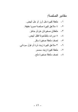 ‫ﻤﻘﺎﺩﻴﺭ ﺍﻟﺼﻠﺼﺔ:‬
     ‫١- ﻤﻠﻌﻘﺔ ﻜﺒﻴﺭﺓ ﺨل ﺃﺭﺯ ﺃﻭ ﺨل ﺃﺒﻴﺽ.‬
    ‫٢- ٤ ﻤﻼﻋﻕ ﻜﺒﻴﺭﺓ ﺼﻠﺼﺔ ﺼﻭﻴﺎ ﺨﻔﻴﻔﺔ.‬
        ‫٣- ﻤﻠﻌﻘﺘﺎﻥ ﺼﻐﻴﺭﺘﺎﻥ ﺨﺭﺩل ﺠﺎﻫﺯ.‬
       ‫٤- ٨ ﺩﻭﺭﺍﺕ ﺒﺎﻟﻁﺎﺤﻭﻨﺔ ﻓﻠﻔل ﺃﺒﻴﺽ.‬
            ‫٥- ﻨﺼﻑ ﻤﻠﻌﻘﺔ ﺼﻐﻴﺭﺓ ﺴﻜﺭ.‬
‫٦- ٣ ﻤﻼﻋﻕ ﻜﺒﻴﺭﺓ ﺯﻴﺕ ﺫﺭﺓ ﺃﻭ ﻓﻭل ﺴﻭﺩﺍﻨﻲ.‬
              ‫٧- ﻤﻠﻌﻘﺔ ﻜﺒﻴﺭﺓ ﺯﻴﺕ ﺴﻤﺴﻡ.‬
             ‫٨- ﻨﺼﻑ ﻤﻠﻌﻘﺔ ﺼﻐﻴﺭﺓ ﻤﻠﺢ.‬




            ‫- ٦٤ -‬
 