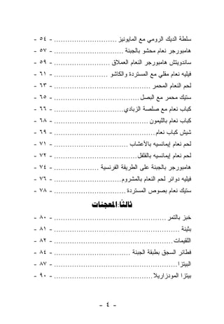 ‫ﺴﻠﻁﺔ ﺍﻟﺩﻴﻙ ﺍﻟﺭﻭﻤﻲ ﻤﻊ ﺍﻟﻤﺎﻴﻭﻨﻴﺯ ............................ - ٤٥ -‬
‫ﻫﺎﻤﺒﻭﺭﺠﺭ ﻨﻌﺎﻡ ﻤﺤﺸﻭ ﺒﺎﻟﺠﺒﻨﺔ ............................... - ٧٥ -‬
‫ﺴﺎﻨﺩﻭﻴﺘﺵ ﻫﺎﻤﺒﻭﺭﺠﺭ ﺍﻟﻨﻌﺎﻡ ﺍﻟﻌﻤﻼﻕ ......................... - ٩٥ -‬
‫ﻓﻴﻠﻴﻪ ﻨﻌﺎﻡ ﻤﻘﻠﻲ ﻤﻊ ﺍﻟﻤﺴﺘﺭﺩﺓ ﻭﺍﻟﻜﺎﺸﻭ ........................ - ١٦ -‬
‫ﻟﺤﻡ ﺍﻟﻨﻌﺎﻡ ﺍﻟﻤﺤﻤﺭ ........................................... - ٣٦ -‬
‫ﺴﺘﻴﻙ ﻤﺤﻤﺭ ﻤﻊ ﺍﻟﺒﺼل ...................................... - ٥٦ -‬
‫ﻜﺒﺎﺏ ﻨﻌﺎﻡ ﻤﻊ ﺼﻠﺼﺔ ﺍﻟﺯﺒﺎﺩﻱ ............................... - ٦٦ -‬
‫ﻜﺒﺎﺏ ﻨﻌﺎﻡ ﺒﺎﻟﻠﻴﻤﻭﻥ .......................................... - ٨٦ -‬
‫ﺸﻴﺵ ﻜﺒﺎﺏ ﻨﻌﺎﻡ ............................................. - ٩٦ -‬
‫ﻟﺤﻡ ﻨﻌﺎﻡ ﺇﻴﻤﺎﻨﺴﻴﻪ ﺒﺎﻷﻋﺸﺎﺏ ................................. - ١٧ -‬
‫ﻟﺤﻡ ﻨﻌﺎﻡ ﺇﻴﻤﺎﻨﺴﻴﻪ ﺒﺎﻟﻔﻠﻔل ..................................... - ٢٧ -‬
‫ﻫﺎﻤﺒﻭﺭﺠﺭ ﺒﺎﻟﺠﺒﻨﺔ ﻋﻠﻰ ﺍﻟﻁﺭﻴﻘﺔ ﺍﻟﻔﺭﻨﺴﻴﺔ .................... - ٤٧ -‬
‫ﻓﻴﻠﻴﻪ ﺩﻭﺍﺌﺭ ﻟﺤﻡ ﺍﻟﻨﻌﺎﻡ ﺒﺎﻟﻤﺸﺭﻭﻡ .............................. - ٦٧ -‬
‫ﺴﺘﻴﻙ ﻨﻌﺎﻡ ﺒﺼﻭﺹ ﺍﻟﻤﺴﺘﺭﺩﺓ ................................ - ٨٧ -‬

                         ‫‪:‬‬
‫ﺨﺒﺯ ﺒﺎﻟﺘﻤﺭ .................................................. - ٠٨ -‬
‫ﺒﺜﻴﻨﺔ ........................................................ - ١٨ -‬
‫ﺍﻟﻠﻘﻴﻤﺎﺕ ..................................................... - ٢٨ -‬
‫ﻓﻁﺎﺌﺭ ﺍﻟﺴﺠﻕ ﺒﻁﺒﻘﺔ ﺍﻟﺠﺒﻨﺔ .................................. - ٤٨ -‬
‫ﺍﻟﺒﻴﺘﺯﺍ ....................................................... - ٧٨ -‬
‫ﺒﻴﺘﺯﺍ ﺍﻟﻤﻭﺩﺯﺍﺭﻴﻼ ............................................ - ٠٩ -‬



                             ‫-٤-‬
 