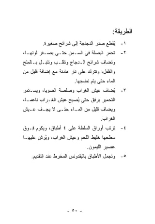 ‫ﺍﻟﻁﺭﻴﻘﺔ:‬
         ‫١- ُﻘﻁﻊ ﺼﺩﺭ ﺍﻟﺩﺠﺎﺠﺔ ﺇﻟﻰ ﺸﺭﺍﺌﺢ ﺼﻐﻴﺭﺓ.‬
                                         ‫ﻴ‬
‫٢- ﹸﺤﻤﺭ ﺍﻟﺒﺼﻠﺔ ﻓﻲ ﺍﻟﺴـﻤﻥ ﺤﺘـﻰ ﻴﺼـﻔﺭ ﻟﻭﻨﻬـﺎ،‬
                                       ‫ﺘ‬
‫ﻭﺘﻀﺎﻑ ﺸﺭﺍﺌﺢ ﺍﻟـﺩﺠﺎﺝ ﻭ ﹸﻘﻠـﺏ ﻭﺘﺘﺒـل ﺒـﺎﻟﻤﻠﺢ‬
                   ‫ﺘ‬
‫ﻭﺍﻟﻔﻠﻔل، ﻭﺘﺘﺭﻙ ﻋﻠﻰ ﻨﺎﺭ ﻫﺎﺩﺌﺔ ﻤﻊ ﺇﻀﺎﻓﺔ ﻗﻠﻴل ﻤﻥ‬
                         ‫ﺍﻟﻤﺎﺀ ﺤﺘﻰ ﻴﺘﻡ ﻨﻀﺠﻬﺎ.‬
‫٣- ُﻀﺎﻑ ﻋﻴﺵ ﺍﻟﻐﺭﺍﺏ ﻭﺼﻠﺼﺔ ﺍﻟﺼﻭﻴﺎ، ﻭﻴﺴـﺘﻤﺭ‬
                                    ‫ﻴ‬
‫ﺍﻟﺘﺤﻤﻴﺭ ﺒﺭﻓﻕ ﺤﺘﻰ ُﺼﺒﺢ ﻋﻴﺵ ﺍﻟﻐـﺭﺍﺏ ﻨﺎﻋ ‪‬ـﺎ،‬
   ‫ﻤ‬                    ‫ﻴ‬
‫ﻭﻴﻀﺎﻑ ﻗﻠﻴل ﻤﻥ ﺍﻟﻤـﺎﺀ ﺤﺘـﻰ ﻻ ﻴﺠـﻑ ﻋـﻴﺵ‬
                                     ‫ﺍﻟﻐﺭﺍﺏ.‬
‫٤- ﹸﺭﺘﺏ ﺃﻭﺭﺍﻕ ﺍﻟﺴﻠﻁﺔ ﻋﻠﻰ ٤ ﺃﻁﺒﺎﻕ، ﻭﻴﻜﻭﻡ ﻓـﻭﻕ‬
                                        ‫ﺘ‬
‫ﺴﻁﺤﻬﺎ ﺨﻠﻴﻁ ﺍﻟﻠﺤﻡ ﻭﻋﻴﺵ ﺍﻟﻐﺭﺍﺏ، ﻭ ُﺭﺵ ﻋﻠﻴﻬـﺎ‬
         ‫ﻴ‬
                               ‫ﻋﺼﻴﺭ ﺍﻟﻠﻴﻤﻭﻥ.‬
    ‫٥- ﻭﺘﺠﻤل ﺍﻷﻁﺒﺎﻕ ﺒﺎﻟﺒﻘﺩﻭﻨﺱ ﺍﻟﻤﺨﺭﻁ ﻋﻨﺩ ﺍﻟﺘﻘﺩﻴﻡ.‬




                     ‫- ٠٥ -‬
 