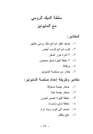 ‫ﺴﻠﻁﺔ ﺍﻟﺩﻴﻙ ﺍﻟﺭﻭﻤﻲ‬
        ‫ﻤﻊ ﺍﻟﻤﺎﻴﻭﻨﻴﺯ‬

                               ‫ﺍﻟﻤﻘﺎﺩﻴﺭ:‬
   ‫١- ﻨﺼﻑ ﻜﻴﻠﻭ ﺸﺭﺍﺌﺢ ﺩﻴﻙ ﺭﻭﻤﻲ ﻤﻁﻬﻭ.‬
           ‫٢- ﻜﻭﺏ ﺸﺭﺍﺌﺢ ﻜﺭﻨﺏ ﺃﺒﻴﺽ.‬
               ‫٣- ٢ ﺜﻤﺭﺓ ﺠﺯﺭ ﺃﺼﻔﺭ.‬
         ‫٤- ٢ ﻤﻠﻌﻘﺔ ﻜﺒﻴﺭﺓ ﺒﻨﺩﻕ ﻤﺤﻤﺹ.‬
                           ‫٥- ﺒﺭﺘﻘﺎﻟﺔ.‬
          ‫٦- ﻤﻘﺩﺍﺭ ﻤﻥ ﺼﻠﺼﺔ ﺍﻟﻤﺎﻴﻭﻨﻴﺯ.‬

‫ﻤﻘﺎﺩﻴﺭ ﻭﻁﺭﻴﻘﺔ ﺇﻋﺩﺍﺩ ﺼﻠﺼﺔ ﺍﻟﻤﺎﻴﻭﻨﻴﺯ:‬
              ‫١- ﺼﻔﺎﺭ ﺒﻴﻀﺔ ﻤﺴﻠﻭﻗﺔ.‬
                   ‫٢- ﺼﻔﺎﺭ ﺒﻴﻀﺔ ﻨﻴﺌﺔ.‬
          ‫٣- ﻤﻠﻌﻘﺔ ﻜﺒﻴﺭﺓ ﻋﺼﻴﺭ ﻟﻴﻤﻭﻥ.‬
               ‫٤- ﻤﻠﻌﻘﺔ ﺸﺎﻱ ُﺴﺘﺭﺩﺓ.‬
                     ‫ﻤ‬
          ‫٥- ﻨﺼﻑ ﺇﻟﻰ ﻜﻭﺏ ﺯﻴﺕ ﺫﺭﺓ.‬
                        ‫٦- ﻤﻠﺢ ﻭﻓﻠﻔل.‬


          ‫- ٤٥ -‬
 