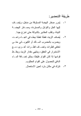 ‫ﻁﺭﻴﻘﺔ ﺍﻟﺘﺤﻀﻴﺭ:‬
‫١- ُﻤﺭﺭ ﺼﻔﺎﺭ ﺍﻟﺒﻴﻀﺔ ﺍﻟﻤﺴﻠﻭﻗﺔ ﻤﻥ ﻤﻨﺨل، ﻭ ُﻀـﺎﻑ‬
    ‫ﻴ‬                                    ‫ﻴ‬
‫ﺇﻟﻴﻬﺎ ﺍﻟﺨل ﻭﺍﻟﺘﻭﺍﺒل ﻭﺍﻟﻤﺴﺘﺭﺩﺓ، ﻭﺼـﻔﺎﺭ ﺍﻟﺒﻴﻀـﺔ‬
   ‫ﺍﻟﻨﻴﺌﺔ، ﻭ ﹸﻘﻠﺏ ﺍﻟﻤﻘﺎﺩﻴﺭ ﺒﺎﻟﺸﻭﻜﺔ ﺤﺘﻰ ﺘﻤﺯﺝ ﺠﻴ ‪‬ﺍ.‬
     ‫ﺩ‬                                 ‫ﺘ‬
‫٢- ُﻀﺎﻑ ﺍﻟﺯﻴﺕ ﻨﻘﻁﺔ ﻨﻘﻁﺔ ﺒﺒﻁﺀ ﻓﻲ ﺍﺘﺠـﺎﻩ ﻭﺍﺤـﺩ،‬
                                         ‫ﻴ‬
‫ﻭﻴﻀﺭﺏ ﺒﺎﻟﻤﻀﺭﺏ ﺍﻟﺴـﻠﻙ ﺃﻭ ﺍﻟﻜﻬﺭﺒـﺎﺌﻲ ﺤﺘـﻰ‬
‫ﺘﺨﺘﻔﻲ ﻗﻁﺭﺍﺕ ﻭﺘﻀـﺎﻑ ﻗﻁـﺭﺍﺕ ﺃﺨـﺭﻯ، ﻤـﻊ‬
‫ﺍﻻﺴﺘﻤﺭﺍﺭ ﻓﻲ ﺍﻟﺨﻔﻕ، ﻭﻴﻨﺘﻬﻲ ﻤﻘﺩﺍﺭ ﺍﻟﺯﻴﺕ ﻭﻴﻐﻠـﻅ‬
‫ﻗﻭﺍﻤﻬﺎ ﺇﺫﺍ ﻜﺎﻥ ﺍﻟﻘﻭﺍﻡ ﻏﻠﻴ ﹰﺎ، ﻴﻤﻜﻥ ﺇﻀـﺎﻓﺔ ﺍﻟﻤـﺎﺀ‬
                     ‫ﻅ‬
             ‫ﺍﻟﺩﺍﻓﺊ ﻟﻠﺤﺼﻭل ﻋﻠﻰ ﺍﻟﻘﻭﺍﻡ ﺍﻟﻤﻁﻠﻭﺏ.‬
             ‫٣- ﹸﺘﺭﻙ ﻓﻲ ﻤﻜﺎﻥ ﺒﺎﺭﺩ ﻟﺤﻴﻥ ﺍﻻﺴﺘﻌﻤﺎل.‬
                                            ‫ﺘ‬




                       ‫- ٥٥ -‬
 