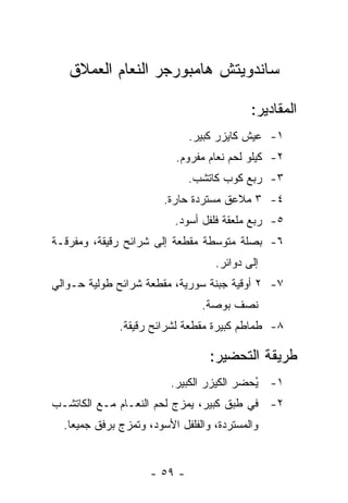 ‫ﺴﺎﻨﺩﻭﻴﺘﺵ ﻫﺎﻤﺒﻭﺭﺠﺭ ﺍﻟﻨﻌﺎﻡ ﺍﻟﻌﻤﻼﻕ‬

                                            ‫ﺍﻟﻤﻘﺎﺩﻴﺭ:‬
                              ‫١- ﻋﻴﺵ ﻜﺎﻴﺯﺭ ﻜﺒﻴﺭ.‬
                           ‫٢- ﻜﻴﻠﻭ ﻟﺤﻡ ﻨﻌﺎﻡ ﻤﻔﺭﻭﻡ.‬
                              ‫٣- ﺭﺒﻊ ﻜﻭﺏ ﻜﺎﺘﺸﺏ.‬
                        ‫٤- ٣ ﻤﻼﻋﻕ ﻤﺴﺘﺭﺩﺓ ﺤﺎﺭﺓ.‬
                           ‫٥- ﺭﺒﻊ ﻤﻠﻌﻘﺔ ﻓﻠﻔل ﺃﺴﻭﺩ.‬
‫٦- ﺒﺼﻠﺔ ﻤﺘﻭﺴﻁﺔ ﻤﻘﻁﻌﺔ ﺇﻟﻰ ﺸﺭﺍﺌﺢ ﺭﻗﻴﻘﺔ، ﻭﻤﻔﺭﻗـﺔ‬
                                    ‫ﺇﻟﻰ ﺩﻭﺍﺌﺭ.‬
‫٧- ٢ ﺃﻭﻗﻴﺔ ﺠﺒﻨﺔ ﺴﻭﺭﻴﺔ، ﻤﻘﻁﻌﺔ ﺸﺭﺍﺌﺢ ﻁﻭﻟﻴﺔ ﺤـﻭﺍﻟﻲ‬
                                 ‫ﻨﺼﻑ ﺒﻭﺼﺔ.‬
              ‫٨- ﻁﻤﺎﻁﻡ ﻜﺒﻴﺭﺓ ﻤﻘﻁﻌﺔ ﻟﺸﺭﺍﺌﺢ ﺭﻗﻴﻘﺔ.‬

                                   ‫ﻁﺭﻴﻘﺔ ﺍﻟﺘﺤﻀﻴﺭ:‬
                          ‫١- ُﺤﻀﺭ ﺍﻟﻜﻴﺯﺭ ﺍﻟﻜﺒﻴﺭ.‬
                                            ‫ﻴ‬
‫٢- ﻓﻲ ﻁﺒﻕ ﻜﺒﻴﺭ، ﻴﻤﺯﺝ ﻟﺤﻡ ﺍﻟﻨﻌـﺎﻡ ﻤـﻊ ﺍﻟﻜﺎﺘﺸـﺏ‬
  ‫ﻭﺍﻟﻤﺴﺘﺭﺩﺓ، ﻭﺍﻟﻔﻠﻔل ﺍﻷﺴﻭﺩ، ﻭﺘﻤﺯﺝ ﺒﺭﻓﻕ ﺠﻤﻴ ‪‬ﺎ.‬
    ‫ﻌ‬


                     ‫- ٩٥ -‬
 