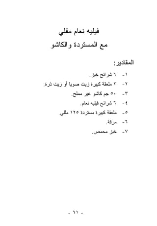 ‫ﻓﻴﻠﻴﻪ ﻨﻌﺎﻡ ﻤﻘﻠﻲ‬
  ‫ﻤﻊ ﺍﻟﻤﺴﺘﺭﺩﺓ ﻭﺍﻟﻜﺎﺸﻭ‬

                               ‫ﺍﻟﻤﻘﺎﺩﻴﺭ:‬
                    ‫١- ٦ ﺸﺭﺍﺌﺢ ﺨﺒﺯ.‬
‫٢- ٢ ﻤﻠﻌﻘﺔ ﻜﺒﻴﺭﺓ ﺯﻴﺕ ﺼﻭﻴﺎ ﺃﻭ ﺯﻴﺕ ﺫﺭﺓ.‬
            ‫٣- ٠٥ ﺠﻡ ﻜﺎﺸﻭ ﻏﻴﺭ ﻤﻤﻠﺢ.‬
                ‫٤- ٦ ﺸﺭﺍﺌﺢ ﻓﻴﻠﻴﻪ ﻨﻌﺎﻡ.‬
      ‫٥- ﻤﻠﻌﻘﺔ ﻜﺒﻴﺭﺓ ﻤﺴﺘﺭﺩﺓ ٥٢١ ﻤﻠﻠﻲ.‬
                           ‫٦- ﻤﺭﻗﺔ.‬
                     ‫٧- ﺨﺒﺯ ﻤﺤﻤﺹ.‬




          ‫- ١٦ -‬
 