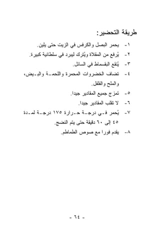 ‫ﻁﺭﻴﻘﺔ ﺍﻟﺘﺤﻀﻴﺭ:‬
     ‫١- ﻴﺤﻤﺭ ﺍﻟﺒﺼل ﻭﺍﻟﻜﺭﻓﺱ ﻓﻲ ﺍﻟﺯﻴﺕ ﺤﺘﻰ ﻴﻠﻴﻥ.‬
  ‫٢- ُﺭﻓﻊ ﻤﻥ ﺍﻟﻤﻘﻼﺓ ﻭ ُﺘﺭﻙ ﻟﻴﺒﺭﺩ ﻓﻲ ﺴﻠﻁﺎﻨﻴﺔ ﻜﺒﻴﺭﺓ.‬
                             ‫ﻴ‬                ‫ﻴ‬
                      ‫٣- ُﻨﻘﻊ ﺍﻟﺒﻘﺴﻤﺎﻁ ﻓﻲ ﺍﻟﺴﺎﺌل.‬
                                             ‫ﻴ‬
‫٤- ﹸﻀﺎﻑ ﺍﻟﺨﻀﺭﻭﺍﺕ ﺍﻟﻤﺤﻤﺭﺓ ﻭﺍﻟﻠﺤﻤـﺔ ﻭﺍﻟﺒـﻴﺽ،‬
                                      ‫ﺘ‬
                               ‫ﻭﺍﻟﻤﻠﺢ ﻭﺍﻟﻔﻠﻔل.‬
                     ‫٥- ﹸﻤﺯﺝ ﺠﻤﻴﻊ ﺍﻟﻤﻘﺎﺩﻴﺭ ﺠﻴ ‪‬ﺍ.‬
                       ‫ﺩ‬                     ‫ﺘ‬
                         ‫٦- ﻻ ﹸﻘﻠﺏ ﺍﻟﻤﻘﺎﺩﻴﺭ ﺠﻴ ‪‬ﺍ.‬
                           ‫ﺩ‬                ‫ﺘ‬
‫٧- ُﺤﻤﺭ ﻓـﻲ ﺩﺭﺠـﺔ ﺤـﺭﺍﺭﺓ ٥٧١ ﺩﺭﺠـﺔ ﻟﻤـﺩﺓ‬
                                    ‫ﻴ‬
             ‫٥٤ ﺇﻟﻰ ٠٦ ﺩﻗﻴﻘﺔ ﺤﺘﻰ ﻴﺘﻡ ﺍﻟﻨﻀﺞ.‬
                ‫٨- ﻴﻘﺩﻡ ﻓﻭ ‪‬ﺍ ﻤﻊ ﺼﻭﺹ ﺍﻟﻁﻤﺎﻁﻡ.‬
                                 ‫ﺭ‬




                    ‫- ٤٦ -‬
 