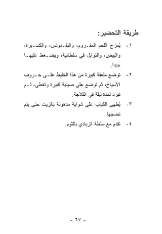 ‫ﻁﺭﻴﻘﺔ ﺍﻟﺘﺤﻀﻴﺭ:‬
‫١- ُﻤﺯﺝ ﺍﻟﻠﺤﻡ ﺍﻟﻤﻔـﺭﻭﻡ، ﻭﺍﻟﺒﻘـﺩﻭﻨﺱ، ﻭﺍﻟﻜﺴـﺒﺭﺓ،‬
                                          ‫ﻴ‬
‫ﻭﺍﻟﺒﻴﺽ، ﻭﺍﻟﺘﻭﺍﺒل ﻓﻲ ﺴﻠﻁﺎﻨﻴﺔ، ﻭﻴﻀـﻐﻁ ﻋﻠﻴﻬـﺎ‬
                                         ‫ﺠﻴ ‪‬ﺍ.‬
                                           ‫ﺩ‬
‫٢- ﺘﻭﻀﻊ ﻤﻠﻌﻘﺔ ﻜﺒﻴﺭﺓ ﻤﻥ ﻫﺫﺍ ﺍﻟﺨﻠﻴﻁ ﻋﻠـﻰ ﺤـﺭﻭﻑ‬
‫ﺍﻷﺴﻴﺎﺥ، ﺜﻡ ﺘﻭﻀﻊ ﻋﻠﻰ ﺼﻴﻨﻴﺔ ﻜﺒﻴﺭﺓ ﻭ ﹸﻐﻁﻰ، ﺜـﻡ‬
        ‫ﺘ‬
                     ‫ﺘﺒﺭﺩ ﻟﻤﺩﺓ ﻟﻴﻠﺔ ﻓﻲ ﺍﻟﺜﻼﺠﺔ.‬
‫٣- ُﻁﻬﻰ ﺍﻟﻜﺒﺎﺏ ﻋﻠﻰ ﺸﻭﺍﻴﺔ ﻤﺩﻫﻭﻨﺔ ﺒﺎﻟﺯﻴﺕ ﺤﺘﻰ ﻴﺘﻡ‬
                                          ‫ﻴ‬
                                      ‫ﹸﻀﺠﻬﺎ.‬
                                           ‫ﻨ‬
                  ‫٤- ﺘﻘﺩﻡ ﻤﻊ ﺴﻠﻁﺔ ﺍﻟﺯﺒﺎﺩﻱ ﺒﺎﻟﺜﻭﻡ.‬




                    ‫- ٧٦ -‬
 