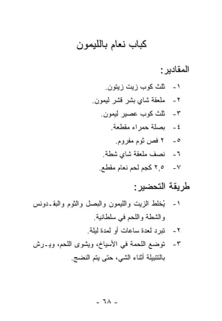 ‫ﻜﺒﺎﺏ ﻨﻌﺎﻡ ﺒﺎﻟﻠﻴﻤﻭﻥ‬

                                              ‫ﺍﻟﻤﻘﺎﺩﻴﺭ:‬
                         ‫١- ﺜﻠﺙ ﻜﻭﺏ ﺯﻴﺕ ﺯﻴﺘﻭﻥ.‬
                    ‫٢- ﻤﻠﻌﻘﺔ ﺸﺎﻱ ﺒﺸﺭ ﻗﺸﺭ ﻟﻴﻤﻭﻥ.‬
                       ‫٣- ﺜﻠﺙ ﻜﻭﺏ ﻋﺼﻴﺭ ﻟﻴﻤﻭﻥ.‬
                           ‫٤- ﺒﺼﻠﺔ ﺤﻤﺭﺍﺀ ﻤﻘﻁﻌﺔ.‬
                            ‫٥- ٢ ﻓﺹ ﺜﻭﻡ ﻤﻔﺭﻭﻡ.‬
                        ‫٦- ﻨﺼﻑ ﻤﻠﻌﻘﺔ ﺸﺎﻱ ﺸﻁﺔ.‬
                      ‫٧- ٥,٢ ﻜﺠﻡ ﻟﺤﻡ ﻨﻌﺎﻡ ﻤﻘﻁﻊ.‬

                                    ‫ﻁﺭﻴﻘﺔ ﺍﻟﺘﺤﻀﻴﺭ:‬
‫١- ُﺨﻠﻁ ﺍﻟﺯﻴﺕ ﻭﺍﻟﻠﻴﻤﻭﻥ ﻭﺍﻟﺒﺼل ﻭﺍﻟﺜﻭﻡ ﻭﺍﻟﺒﻘـﺩﻭﻨﺱ‬
                                           ‫ﻴ‬
                    ‫ﻭﺍﻟﺸﻁﺔ ﻭﺍﻟﻠﺤﻡ ﻓﻲ ﺴﻠﻁﺎﻨﻴﺔ.‬
                  ‫٢- ﺘﺒﺭﺩ ﻟﻌﺩﺓ ﺴﺎﻋﺎﺕ ﺃﻭ ﻟﻤﺩﺓ ﻟﻴﻠﺔ.‬
‫٣- ﺘﻭﻀﻊ ﺍﻟﻠﺤﻤﺔ ﻓﻲ ﺍﻷﺴﻴﺎﺥ، ﻭﻴﺸﻭﻯ ﺍﻟﻠﺤﻡ، ﻭﻴـﺭﺵ‬
            ‫ﺒﺎﻟﺘﺘﺒﻴﻠﺔ ﺃﺜﻨﺎﺀ ﺍﻟﺸﻲ، ﺤﺘﻰ ﻴﺘﻡ ﺍﻟﻨﻀﺞ.‬




                     ‫- ٨٦ -‬
 