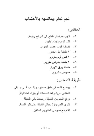 ‫ﻟﺤﻡ ﻨﻌﺎﻡ ﺇﻴﻤﺎﻨﺴﻴﻪ ﺒﺎﻷﻋﺸﺎﺏ‬

                                                   ‫ﺍﻟﻤﻘﺎﺩﻴﺭ:‬
           ‫ﻜﺠﻡ ﻟﺤﻡ ﻨﻌﺎﻡ ﻤﻘﻁﻊ ﺇﻟﻰ ﺸﺭﺍﺌﺢ ﺭﻓﻴﻌﺔ.‬           ‫١-‬
                        ‫ﺜﻠﺙ ﻜﻭﺏ ﺯﻴﺕ ﺯﻴﺘﻭﻥ.‬              ‫٢-‬
                     ‫ﻨﺼﻑ ﻜﻭﺏ ﻋﺼﻴﺭ ﻟﻴﻤﻭﻥ.‬                ‫٣-‬
                            ‫٢ ﻤﻠﻌﻘﺔ ﺨل ﺃﺤﻤﺭ.‬            ‫٤-‬
                            ‫٢ ﻓﺹ ﺜﻭﻡ ﻤﻔﺭﻭﻡ.‬             ‫٥-‬
                       ‫٢ ﻤﻠﻌﻘﺔ ﺒﻘﺩﻭﻨﺱ ﻤﻔﺭﻭﻡ.‬            ‫٦-‬
                             ‫ﻤﻠﻌﻘﺔ ﻭﺭﻕ ﻻﻭﺭﺍ.‬            ‫٧-‬
                               ‫ﺼﻭﺹ ﻤﺸﺭﻭﻡ.‬               ‫٨-‬

                                        ‫ﻁﺭﻴﻘﺔ ﺍﻟﺘﺤﻀﻴﺭ:‬
‫١- ﻴﻭﻀﻊ ﺍﻟﻠﺤﻡ ﻓﻲ ﻁﺒﻕ ﺼﻐﻴﺭ، ﻭﻴﻘﻠـﺏ ﻓـﻲ ﺒـﺎﻗﻲ‬
   ‫ﺍﻟﻤﻘﺎﺩﻴﺭ، ﻭﻴﺜﻠﺞ ﻟﻌﺩﺓ ﺴﺎﻋﺎﺕ ﺃﻭ ﻴﺘﺭﻙ ﻟﻤﺩﺓ ﻟﻴﻠﺔ.‬
      ‫٢- ﻴﺭﻓﻊ ﺍﻟﻠﺤﻡ ﻤﻥ ﺍﻟﺘﺘﺒﻴﻠﺔ، ﻭﺘﺤﻔﻅ ﺒﺎﻗﻲ ﺍﻟﺘﺘﺒﻴﻠﺔ.‬
   ‫ﺘﹸﺸﻭﻯ ﺍﻟﻠﺤﻡ، ﻭﺘﺭﺵ ﺒﺒﺎﻗﻲ ﺍﻟﺘﺘﺒﻴﻠﺔ، ﺤﺘﻰ ﺘﻠﻴﻥ ﺍﻟﻠﺤﻤﺔ.‬   ‫٣-‬
                ‫٤- ﺘﻘﺩﻡ ﻤﻊ ﺼﻭﺹ ﺍﻟﻤﺸﺭﻭﻡ ﺍﻟﺴﺎﺨﻥ.‬




                        ‫- ١٧ -‬
 