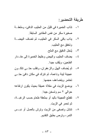 ‫ﻁﺭﻴﻘﺔ ﺍﻟﺘﺤﻀﻴﺭ:‬
‫١- ﹸﺫﺍﺏ ﺍﻟﺨﻤﻴﺭﺓ ﻓﻲ ﻗﻠﻴل ﻤﻥ ﺍﻟﺤﻠﻴﺏ ﺍﻟﺩﺍﻓﺊ، ﻭﻤﻠﻌﻘـﺔ‬
                                             ‫ﺘ‬
          ‫ﺼﻐﻴﺭﺓ ﺴﻜﺭ ﻤﻥ ﻨﻔﺱ ﺍﻟﻤﻘﺎﺩﻴﺭ ﺍﻟﺴﺎﺒﻘﺔ.‬
‫٢- ﻴﺫﺍﺏ ﺒﺎﻗﻲ ﺍﻟﺴﻜﺭ ﻓﻲ ﺍﻟﺤﻠﻴﺏ، ﺜﻡ ﺘﻀﺎﻑ ﺍﻟﺒﻴﻀـﺔ‬
                           ‫ﻭﺘﺨﻔﻕ ﻤﻊ ﺍﻟﺤﻠﻴﺏ.‬
                        ‫٣- ُﻨﺨل ﺍﻟﺩﻗﻴﻕ ﻤﻊ ﺍﻟﻤﻠﺢ.‬
                                            ‫ﻴ‬
‫٤- ﻴﻀﺎﻑ ﺍﻟﺤﻠﻴﺏ ﻭﺍﻟﺒﻴﺽ ﻭﺨﻠﻴﻁ ﺍﻟﺨﻤﻴﺭﺓ ﺇﻟﻰ ﻤﻘـﺩﺍﺭ‬
                         ‫ﺍﻟﻁﺤﻴﻥ، ﻭ ُﻘﻠﺏ ﺠﻴ ‪‬ﺍ.‬
                           ‫ﺩ‬       ‫ﻴ‬
‫٥- ﺜﻡ ُﻀﺎﻑ ﺍﻟﻬﻴل ﻭﺍﻟﺯﻋﻔﺭﺍﻥ، ﻭﺘﻘﻠﺏ ﺤﺘـﻰ ﺘﺘﻜـﻭﻥ‬
                                      ‫ﻴ‬
‫ﻋﺠﻴﻨﺔ ﻟﻴﻨﺔ ﻭﻨﺎﻋﻤﺔ، ﺜﻡ ﺘﺘﺭﻙ ﻓﻲ ﻤﻜﺎﻥ ﺩﺍﻓﺊ ﺤﺘـﻰ‬
                     ‫ﺘﺨﺘﻤﺭ ﻭﻴﺘﻀﺎﻋﻑ ﺤﺠﻤﻬﺎ.‬
‫٦- ﻴﻭﻀﻊ ﺍﻟﺯﻴﺕ ﻓﻲ ﻤﻘﻼﺓ ﻋﻤﻴﻘﺔ ﺒﺤﻴﺙ ﻴﻜﻭﻥ ﺍﺭﺘﻔﺎﻋﻪ‬
                    ‫ﺤﻭﺍﻟﻲ ٢ ﺴﻡ ﻭﺘﺴﺨﻥ ﺠﻴ ‪‬ﺍ.‬
                      ‫ﺩ‬
‫٧- ﺘﻘﻁﻊ ﺍﻟﻌﺠﻴﻨﺔ ﺒﺎﻟﻴﺩ ﺃﻭ ﺒﻤﻠﻌﻘﺔ ﻁﻌﺎﻡ ﺤﺴﺏ ﺍﻟﺭﻏﺒـﺔ،‬
                           ‫ﺜﻡ ﺘﺤﻤﺭ ﻓﻲ ﺍﻟﺯﻴﺕ.‬
‫٨- ﺘﻨﺸل ﻭﺘﺼﻔﻰ ﻤﻥ ﺍﻟﺯﻴﺕ ﻭﺘﺭﺵ ﺒﺎﻟﻌﺴل ﺃﻭ ﺩﺒـﺱ‬
                   ‫ﺍﻟﺘﻤﺭ، ﻭﺘﺭﺹ ﺒﻁﺒﻕ ﺍﻟﺘﻘﺩﻴﻡ.‬



                     ‫- ٣٨ -‬
 