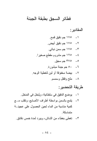 ‫ﻓﻁﺎﺌﺭ ﺍﻟﺴﺠﻕ ﺒﻁﺒﻘﺔ ﺍﻟﺠﺒﻨﺔ‬

                                         ‫ﺍﻟﻤﻘﺎﺩﻴﺭ:‬
                          ‫١- ٥٧١ ﺠﻡ ﺩﻗﻴﻕ ﻗﻤﺢ.‬
                        ‫٢- ٥٧١ ﺠﻡ ﺩﻗﻴﻕ ﺃﺒﻴﺽ.‬
                         ‫٣- ٥٧١ ﺠﻡ ﺴﻤﻥ ﻨﺒﺎﺘﻲ.‬
                ‫٤- ٥٢١ ﺠﻡ ﻤﺸﺭﻭﻡ ﻤﻘﻁﻊ ﺼﻐﻴ ‪‬ﺍ.‬
                  ‫ﺭ‬
                             ‫٥- ٥٧٣ ﺠﻡ ﺴﺠﻕ.‬
                        ‫٦- ٠٥ ﺠﻡ ﺠﺒﻨﺔ ﻤﺒﺸﻭﺭﺓ.‬
             ‫٧- ﺒﻴﻀﺔ ﻤﺨﻔﻭﻗﺔ ﺃﻭ ﻟﺒﻥ ﻟﺘﻐﻁﻴﺔ ﺍﻟﻭﺠﻪ.‬
                           ‫٨- ﻤﻠﺢ ﻭﻓﻠﻔل ﻭﺴﻤﺴﻡ.‬

                                ‫ﻁﺭﻴﻘﺔ ﺍﻟﺘﺤﻀﻴﺭ:‬
    ‫١- ﻴﻭﻀﻊ ﺍﻟﺩﻗﻴﻕ ﻓﻲ ﺴﻠﻁﺎﻨﻴﺔ، ﻭ ُﻨﺨل ﻓﻲ ﺍﻟﻤﻨﺨل.‬
                  ‫ﻴ‬
‫٢- ﻴﻠﻤﻊ ﺒﺎﻟﺴﻤﻥ ﺒﻭﺍﺴﻁﺔ ﺃﻁﺭﺍﻑ ﺍﻷﺼﺎﺒﻊ، ﻭﺘﻘﻠﺏ ﻤـﻊ‬
‫ﻜﻤﻴﺔ ﻤﻨﺎﺴﺒﺔ ﻤﻥ ﺍﻟﻤﺎﺀ ﻟﺤﻴﻥ ﺍﻟﺤﺼﻭل ﻋﻠﻰ ﻋﺠﻴﻨـﺔ‬
                                   ‫ﻤﺘﻤﺎﺴﻜﺔ.‬
 ‫٣- ﹸﻐﻁﻰ ﺒﻐﻁﺎﺀ ﻤﻥ ﺍﻟﺸﺎﺵ، ﻭﻴﺒﺭﺩ ﻟﻤﺩﺓ ﺨﻤﺱ ﺩﻗﺎﺌﻕ.‬
                                          ‫ﺘ‬



                    ‫- ٤٨ -‬
 