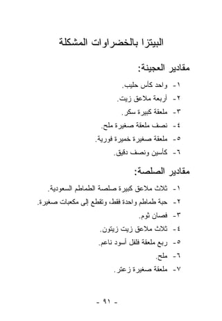 ‫ﺍﻟﺒﻴﺘﺯﺍ ﺒﺎﻟﺨﻀﺭﺍﻭﺍﺕ ﺍﻟﻤﺸﻜﻠﺔ‬

                                 ‫ﻤﻘﺎﺩﻴﺭ ﺍﻟﻌﺠﻴﻨﺔ:‬
                            ‫١- ﻭﺍﺤﺩ ﻜﺄﺱ ﺤﻠﻴﺏ.‬
                         ‫٢- ﺃﺭﺒﻌﺔ ﻤﻼﻋﻕ ﺯﻴﺕ.‬
                            ‫٣- ﻤﻠﻌﻘﺔ ﻜﺒﻴﺭﺓ ﺴﻜﺭ.‬
                    ‫٤- ﻨﺼﻑ ﻤﻠﻌﻘﺔ ﺼﻐﻴﺭﺓ ﻤﻠﺢ.‬
                  ‫٥- ﻤﻠﻌﻘﺔ ﺼﻐﻴﺭﺓ ﺨﻤﻴﺭﺓ ﻓﻭﺭﻴﺔ.‬
                        ‫٦- ﻜﺄﺴﻴﻥ ﻭﻨﺼﻑ ﺩﻗﻴﻕ.‬

                                ‫ﻤﻘﺎﺩﻴﺭ ﺍﻟﺼﻠﺼﺔ:‬
   ‫١- ﺜﻼﺙ ﻤﻼﻋﻕ ﻜﺒﻴﺭﺓ ﺼﻠﺼﺔ ﺍﻟﻁﻤﺎﻁﻡ ﺍﻟﺴﻌﻭﺩﻴﺔ.‬
‫٢- ﺤﺒﺔ ﻁﻤﺎﻁﻡ ﻭﺍﺤﺩﺓ ﻓﻘﻁ، ﻭﹸﻘﻁﻊ ﺇﻟﻰ ﻤﻜﻌﺒﺎﺕ ﺼﻐﻴﺭﺓ.‬
                     ‫ﺘ‬
                                 ‫٣- ﻓﺼﺎﻥ ﺜﻭﻡ.‬
                    ‫٤- ﺜﻼﺙ ﻤﻼﻋﻕ ﺯﻴﺕ ﺯﻴﺘﻭﻥ.‬
                   ‫٥- ﺭﺒﻊ ﻤﻠﻌﻘﺔ ﻓﻠﻔل ﺃﺴﻭﺩ ﻨﺎﻋﻡ.‬
                                      ‫٦- ﻤﻠﺢ.‬
                        ‫٧- ﻤﻠﻌﻘﺔ ﺼﻐﻴﺭﺓ ﺯﻋﺘﺭ.‬



                   ‫- ١٩ -‬
 