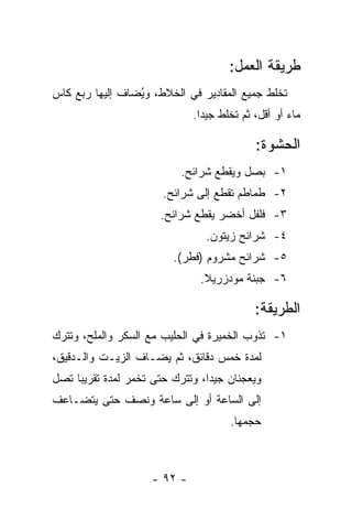 ‫ﻁﺭﻴﻘﺔ ﺍﻟﻌﻤل:‬
‫ﹸﺨﻠﻁ ﺠﻤﻴﻊ ﺍﻟﻤﻘﺎﺩﻴﺭ ﻓﻲ ﺍﻟﺨﻼﻁ، ﻭ ُﻀﺎﻑ ﺇﻟﻴﻬﺎ ﺭﺒﻊ ﻜﺎﺱ‬
                 ‫ﻴ‬                              ‫ﺘ‬
                               ‫ﻤﺎﺀ ﺃﻭ ﺃﻗل، ﺜﻡ ﹸﺨﻠﻁ ﺠﻴ ‪‬ﺍ.‬
                                 ‫ﺩ‬       ‫ﺘ‬

                                              ‫ﺍﻟﺤﺸﻭﺓ:‬
                            ‫١- ﺒﺼل ﻭﻴﻘﻁﻊ ﺸﺭﺍﺌﺢ.‬
                        ‫٢- ﻁﻤﺎﻁﻡ ﺘﻘﻁﻊ ﺇﻟﻰ ﺸﺭﺍﺌﺢ.‬
                       ‫٣- ﻓﻠﻔل ﺃﺨﻀﺭ ﻴﻘﻁﻊ ﺸﺭﺍﺌﺢ.‬
                                  ‫٤- ﺸﺭﺍﺌﺢ ﺯﻴﺘﻭﻥ.‬
                          ‫٥- ﺸﺭﺍﺌﺢ ﻤﺸﺭﻭﻡ )ﻓﻁﺭ(.‬
                                ‫٦- ﺠﺒﻨﺔ ﻤﻭﺩﺯﺭﻴﻼ.‬

                                              ‫ﺍﻟﻁﺭﻴﻘﺔ:‬
‫١- ﺘﺫﻭﺏ ﺍﻟﺨﻤﻴﺭﺓ ﻓﻲ ﺍﻟﺤﻠﻴﺏ ﻤﻊ ﺍﻟﺴﻜﺭ ﻭﺍﻟﻤﻠﺢ، ﻭ ﹸﺘﺭﻙ‬
   ‫ﺘ‬
‫ﻟﻤﺩﺓ ﺨﻤﺱ ﺩﻗﺎﺌﻕ، ﺜﻡ ﻴﻀـﺎﻑ ﺍﻟﺯﻴـﺕ ﻭﺍﻟـﺩﻗﻴﻕ،‬
‫ﻭﻴﻌﺠﻨﺎﻥ ﺠﻴ ‪‬ﺍ، ﻭﺘﺘﺭﻙ ﺤﺘﻰ ﺘﺨﻤﺭ ﻟﻤﺩﺓ ﺘﻘﺭﻴ ‪‬ﺎ ﺘﺼل‬
     ‫ﺒ‬                            ‫ﺩ‬
‫ﺇﻟﻰ ﺍﻟﺴﺎﻋﺔ ﺃﻭ ﺇﻟﻰ ﺴﺎﻋﺔ ﻭﻨﺼﻑ ﺤﺘﻰ ﻴﺘﻀـﺎﻋﻑ‬
                                        ‫ﺤﺠﻤﻬﺎ.‬



                     ‫- ٢٩ -‬
 