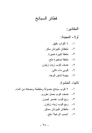 ‫ﻓﻁﺎﺌﺭ ﺍﻟﺴﺒﺎﻨﺦ‬

                                           ‫ﺍﻟﻤﻘﺎﺩﻴﺭ:‬
                                      ‫ﺃﻭﻻ- ﺍﻟﻌﺠﻴﻨﺔ:‬
                                                ‫ﹰ‬
                               ‫١- ٤ ﺃﻜﻭﺍﺏ ﺩﻗﻴﻕ.‬
                         ‫٢- ﻤﻠﻌﻘﺘﺎﻥ ﻜﺒﻴﺭﺘﺎﻥ ﺴﻜﺭ.‬
                           ‫٣- ﻤﻠﻌﻘﺔ ﻜﺒﻴﺭﺓ ﺨﻤﻴﺭﺓ.‬
                            ‫٤- ﻤﻠﻌﻘﺔ ﺼﻐﻴﺭﺓ ﻤﻠﺢ.‬
                      ‫٥- ﻨﺼﻑ ﻜﻭﺏ ﺯﻴﺕ ﺯﻴﺘﻭﻥ.‬
                              ‫٦- ﻜﻭﺒﻲ ﻤﺎﺀ ﺩﺍﻓﺊ.‬
                            ‫٧- ﺒﻴﻀﺔ ﻟﺩﻫﻥ ﺍﻟﻭﺠﻪ.‬

                                     ‫ﺜﺎﻨ ‪‬ﺎ- ﺍﻟﺤﺸﻭﺓ:‬
                                               ‫ﻴ‬
‫٢ ﻜﻭﺏ ﺴﺒﺎﻨﺦ ﻤﻐﺴﻭﻟﺔ ﻭﻤﻘﻁﻌﺔ ﻭﻤﺼﻔﺎﺓ ﻤﻥ ﺍﻟﻤﺎﺀ.‬      ‫١-‬
                     ‫ﻨﺼﻑ ﻜﻭﺏ ﺒﺼل ﻤﻔﺭﻭﻡ.‬         ‫٢-‬
                      ‫ﺭﺒﻊ ﻜﻭﺏ ﻋﺼﻴﺭ ﻟﻴﻤﻭﻥ.‬       ‫٣-‬
                       ‫ﺭﺒﻊ ﻜﻭﺏ ﺯﻴﺕ ﺯﻴﺘﻭﻥ.‬       ‫٤-‬
                        ‫ﻤﻠﻌﻘﺘﺎﻥ ﻜﺒﻴﺭﺘﺎﻥ ﺴﻤﺎﻕ.‬   ‫٥-‬
                          ‫"ﺤﺴﺏ ﺍﻟﺭﻏﺒﺔ" ﻤﻠﺢ.‬     ‫٦-‬


                     ‫- ٨٩ -‬
 