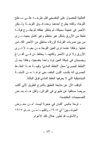 ‫ﺍﻟﻐﺎﻟﺒﻴﺔ ﻟﻠﺤﺼﻭل ﻋﻠﻰ ﺍﻟﺒﻨﻔﺴﺠﻲ ﻗﺒل ﻁﺭﺤـﻪ ﻋﻠـﻰ ﺴـﻁﺢ‬
‫ﺍﻟﻠﻭﺤﺔ، ﻭﻟﻜﻨﻪ ﻴﻁﺭﺡ ﺃﺤﺩﻫﻤﺎ ﻭﺤﺩﻩ ﻓـﻭﻕ ﺍﻟﻠﻭﺤـﺔ ﻭﻟـﻴﻜﻥ‬
‫ﺍﻷﺤﻤﺭ ﻓﻲ ﻋﺠﻴﻨﺔ ﺴﻤﻴﻜﺔ، ﺜﻡ ﻴﻨﺘﻅﺭ ﺠﻔﺎﻓﻪ ﺜﻡ ﻴﻁـﺭﺡ ﻓﻭﻗـﻪ‬
‫ﻁﺒﻘﺔ ﻤﻥ ﺍﻷﺯﺭﻕ ﺒﺸﻜل ﻏﻴﺭ ﻤﻨﺘﻅﻡ ﻭﻏﻴﺭ ﻜﺎﻤل ﺒﺤﻴﺙ ﻨـﺭﻯ‬
‫ﻤﻥ ﺒﻴﻥ ﻀﺭﺒﺎﺕ ﺍﻟﻔﺭﺸﺎﺓ ﺍﻟﺯﺭﻗﺎﺀ ﻤﻨﺎﻁﻕ ﻤﻥ ﺍﻷﺤﻤﺭ ﺍﻟﻜـﺎﻤﻥ‬
‫ﺘﺤﺘﻬﺎ. ﻭﻫﻜﺫﺍ ﻋﻨﺩﻤﺎ ﺘﺭﻯ ﺍﻟﻌﻴﻥ ﺍﻟﻠﻭﺤﺔ ﻤـﻥ ﺒﻌﻴـﺩ ﻻ ﺘـﺭﻯ‬
‫ﺍﻷﺯﺭﻕ ﻭﻻ ﺘﺭﻯ ﺍﻷﺤﻤﺭ ﻭﻟﻜﻨﻬﻤـﺎ ﻴﺨﺘﻠﻁـﺎﻥ ﻓـﻲ ﺍﻟﻔـﺭﺍﻍ‬
‫ﻭﻴﺼﺒﺤﺎﻥ ﻓﻲ ﺸﺒﻜﺔ ﺍﻟﻌﻴﻥ ﻟﻭﻨﺎ ﻭﺍﺤﺩﺍ ﺒﻨﻔﺴﺠﻴﺎ، ﻭﻫﻜﺫﺍ ﻴﺤـل‬
‫"ﺍﻟﺨﻠﻁ ﺍﻟﺒﺼﺭﻱ" ﻤﺤل "ﺍﻟﺨﻠﻁ ﺍﻟﻤﺎﺩﻱ" ﻭﻗﻴﻤـﺔ ﻫـﺫﺍ ﺍﻟﺨﻠـﻁ‬
‫ﺍﻟﺒﺼﺭﻱ ﺃﻨﻪ ﻴﻜﺴﺏ ﺍﻟﻠﻭﻥ ﺍﻟﺒﻨﻔﺴـﺠﻲ ﻨﻭﻋـﺎ ﻤـﻥ ﺍﻟﺫﺒﺫﺒـﺔ‬
        ‫ﺍﻟﺩﻴﻨﺎﻤﻴﻜﻴﺔ ﺍﻟﺘﻲ ﻻ ﻴﻌﺭﻓﻬﺎ ﺍﻟﺨﻠﻁ ﺍﻟﻤﺎﺩﻱ ﻓﻭﻕ ﺍﻟﺒﺎﻟﺘﺔ.‬
‫ﺃﺘﻭﻗﻑ ﺍﻵﻥ ﻋﻥ ﻤﺘﺎﺒﻌﺔ ﺍﻟﺘﻌﻠﻴﻕ ﺒﺎﻟﺸﺭﺡ ﺍﻟﻁﻭﻴل ﻷﻨﻲ ﺃﻜﺘﺏ‬
‫ﻤﺭﻴﻀﺎ ﻤﺴﺘﻠﻘﻴﺎ ﻋﻥ ﻅﻬﺭﻱ ﻓﻲ ﺍﻟﻔﺭﺍﺵ، ﻭﻟﻜﻥ ﻫـﺫﻩ ﺒﻌـﺽ‬
                                    ‫ﺍﻟﺘﺼﺤﻴﺤﺎﺕ ﺍﻟﻤﻘﺘﻀﺒﺔ:‬
‫- ﻟﻭﺤﺔ ﻤﺎﺘﻴﺱ "ﻜﻤﺎﻥ ﻓﻲ ﺤﺠﺭﺓ" ﻟﻴﺴﺕ "ﻤـﻥ ﻤﻌـﺭﺽ‬
‫ﺍﻟﺤﻭﺸ ـﻴﻴﻥ" ﺃﻱ ٥٠٩١، ﻭﻟﻜﻨﻬ ـﺎ ﻤ ـﻥ ﻋ ـﺎﻡ ٧١٩١‬
       ‫ـ ـ ـ‬                          ‫ـ‬
             ‫ﻭﺍﻷﺴﻠﻭﺏ ﻗﺩ ﺘﻁﻭﺭ ﺨﻼل ﺘﻠﻙ ﺍﻷﻋﻭﺍﻡ.‬



                      ‫- ٣٨ -‬
 