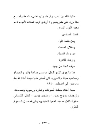 ‫ﻤﺎﺘﻭﺍ ﻨﺎﻗﺼﻴﻥ ﻋﻤ ‪‬ﺍ ﻭﻓﺭ ‪‬ﺎ، ﻭﻟﻬﻡ ﺃﻀﻲﺀ ﺸﻤﻌﺔ ﻭﺃﻀـﻊ‬
                       ‫ﺤ‬      ‫ﺭ‬
‫ﺒﺎﻗﺔ ﻭﺭﺩ ﻋﻠﻰ ﻀﺭﻴﺤﻬﻡ ﻭﻻ ﺃﺭﺘﺩﻱ ﺜﻭﺏ ﺍﻟﺤﺩﺍﺩ، ﻷﻨﻬـﻡ ﻟـﻡ‬
                                 ‫ﻴﺤﺒﻭﺍ ﺍﻟﻠﻭﻥ ﺍﻷﺴﻭﺩ.‬

                                     ‫ﺍﻟﻌﺩﺩ ﺍﻟﺴﺎﺩﺱ‬
                                  ‫ﻭﻤﻥ ﻅﻠﻤﺔ ﺍﻟﻠﻴل‬
                                  ‫ﻭﺃﻏﻼل ﺍﻟﺼﻤﺕ‬
                                 ‫ﻤﻥ ﺭﻤﺎﺩ ﺍﻟﻨﺴﻴﺎﻥ‬
                                   ‫ﻭﺍﺭﺘﺩﺍﺩ ﺍﻟﺫﺍﻜﺭﺓ‬
                              ‫ﺴﻭﻑ ﺘﺒﻌﺙ ﻤﻥ ﺠﺩﻴﺩ‬
‫ﻫﺫﺍ ﻤﺎ ﺠﺭﻯ ﻷﻨﻭﺭ ﻜﺎﻤل، ﻤﺅﺴﺱ ﺠﻤﺎﻋﺔ »ﺍﻟﻔﻥ ﻭﺍﻟﺤﺭﻴﺔ«‬
‫ﻭﺼﺎﺤﺏ ﻤﺠﻠﺔ »ﺍﻟﺘﻁﻭﺭ« ﺍﻟﺘﻲ ﺃﺼﺩﺭ ﻤﻨﻬﺎ ﺴﺒﻌﺔ ﺃﻋﺩﺍﺩ ﻓﻘـﻁ‬
                        ‫ﻤﻥ ﻴﻨﺎﻴﺭ ﺇﻟﻰ ﺃﻏﺴﻁﺱ ٠٤٩١.‬
‫ﺴﺒﻌﺔ ﺃﻋﺩﺍﺩ ﺤﻤﻠﺕ ﺃﺼﻭﺍﺕ، ﻭﺃﻓﻜﺎﺭ، ﻭﺭﺴﻭﻡ، ﻭﻗﺼـﺎﺌﺩ،‬
‫ﻭﺘﺭﺠﻤﺎﺕ ﺠﻭﺭﺝ ﺤﻨﻴﻥ – ﺭﻤﺴﻴﺱ ﻴﻭﻨﺎﻥ – ﻜﺎﻤل ﺍﻟﺘﻠﻤﺴﺎﻨﻲ‬
‫– ﻓﺅﺍﺩ ﻜﺎﻤل – ﻋﺒﺩ ﺍﻟﺤﻤﻴﺩ ﺍﻟﺤﺩﻴﺩﻱ، ﻭﻏﻴﺭﻫﻡ ﻤـﻥ ﺸـﻤﻭﻉ‬
                                             ‫ﺍﻟﺘﻁﻭﺭ.‬



                   ‫- ٢٣٢ -‬
 