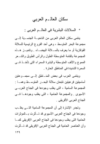 ‫ﺴﻜﺎﻥ ﺍﻟﻌﺎﻟـﻡ ﺍﻟﻌﺭﺒﻲ‬

       ‫* ﺍﻟﺴﻼﻻﺕ ﺍﻟﺒﺸﺭﻴﺔ ﻓﻰ ﺍﻟﻌﺎﻟـﻡ ﺍﻟﻌﺭﺒﻰ :‬
‫ﻴﻨﺘﻤﻰ ﺴﻜﺎﻥ ﺍﻟﻌﺎﻟﻡ ﺍﻟﻌﺭﺒﻰ ﻤﻥ ﺍﻟﻨﺎﺤﻴـﺔ ﺍﻟﺠﻨﺴـﻴﺔ ﺇﻟـﻰ‬
‫ﻤﺠﻤﻭﻋﺔ ﺍﻟﺒﺤﺭ ﺍﻟﻤﺘﻭﺴﻁ ، ﻭﻫﻰ ﺃﺤﺩ ﺍﻟﻔﺭﻭﻉ ﺍﻟﺭﺌﻴﺴﻴﺔ ﻟﻠﺴﻼﻟﺔ‬
‫ﺍﻟﻘﻭﻗﺎﺯﻴﺔ ﺃﻭ ﻤﺎ ﻴﻌﺭﻑ ﺒﺎﻟﺴـﻼﻟﺔ ﺍﻟﺒﻴﻀـﺎﺀ . ﻭﺘﺘﻤﻴـﺯ ﻫـﺫﻩ‬
‫ﺍﻟﻤﺠﻤﻭﻋﺔ ﺒﺎﻟﻘﺎﻤﺔ ﺍﻟﻤﺘﻭﺴﻁﺔ ﺍﻟﻁﻭل ﻭﺍﻟﺭﺃﺱ ﺍﻟﻁﻭﻴل ﻭﺍﻟﺸـﻌﺭ‬
‫ﺍﻟﻤﻤﻭﺝ ﻭﺍﻷﻨﻑ ﺍﻟﻤﺘﻭﺴﻁﺔ ﻭﺍﻟﺒﺸﺭﺓ ﺍﻟﺴﻤﺭﺍﺀ ﺍﻟﺘﻰ ﺘﺄﺨـﺫ ﻓـﻰ‬
                      ‫ﺍﻟﺴﻤﺭﺓ ﺍﻟﺸﺩﻴﺩﺓ ﻓﻰ ﺍﻟﻤﻨﺎﻁﻕ ﺍﻟﺤﺎﺭﺓ .‬

‫ﻭﻴﻨﺘﻤﻰ ﺍﻟﻌﺭﺏ ﻓﻰ ﺒﻌﺽ ﺍﻟﻤﻨـﺎﻁﻕ ﺇﻟـﻰ ﻤﺠﻤـﻭﻋﺘﻴﻥ‬
‫ﺃﺴﺎﺴﻴﺘﻴﻥ ﻓﺭﻋﻴﺘﻴﻥ ﺘﺘﺒﻌﺎﻥ ﺴﻼﻟﺔ ﺍﻟﺒﺤـﺭ ﺍﻟﻤﺘﻭﺴـﻁ ﻭﻫﻤـﺎ :‬
‫ﺍﻟﻤﺠﻤﻭﻋﺔ ﺍﻟﺴﺎﻤﻴﺔ ، ﺍﻟﺘﻰ ﻴﻐﻠﺏ ﻭﺠﻭﺩﻫﺎ ﻓﻰ ﺍﻟﺠﻨﺎﺡ ﺍﻟﻌﺭﺒـﻰ‬
‫ﺍﻵﺴﻴﻭﻯ . ﻭﺍﻟﻤﺠﻤﻭﻋﺔ ﺍﻟﺤﺎﻤﻴﺔ ، ﺍﻟﺘﻰ ﻴﻐﻠﺏ ﻭﺠﻭﺩﻫـﺎ ﻓـﻰ‬
                                ‫ﺍﻟﺠﻨﺎﺡ ﺍﻟﻌﺭﺒﻰ ﺍﻷﻓﺭﻴﻘﻰ .‬

‫ﻭﺘﺠﺩﺭ ﺍﻹﺸﺎﺭﺓ ﺇﻟﻰ ﺃﻥ ﺍﻟﻤﺠﻤﻭﻋﺔ ﺍﻟﺴﺎﻤﻴﺔ ﺍﻟﺘـﻰ ﻴﻐﻠـﺏ‬
‫ﻭﺠﻭﺩﻫﺎ ﻓﻰ ﺍﻟﺠﻨﺎﺡ ﺍﻟﻌﺭﺒﻰ ﺍﻵﺴﻴﻭﻯ ﻗﺩ ﺘـﺄﺜﺭﺕ ﺒـﺎﻟﻤﺅﺜﺭﺍﺕ‬
‫ﺍﻟﺤﺎﻤﻴﺔ ﺍﻟﺘﻰ ﻴﻐﻠﺏ ﻭﺠﻭﺩﻫﺎ ﻓﻰ ﺍﻟﺠﻨﺎﺡ ﺍﻟﻌﺭﺒﻰ ﺍﻹﻓﺭﻴﻘﻰ ﻜﻤـﺎ‬
‫ﻭﺃﻥ ﺍﻟﻌﻨﺎﺼﺭ ﺍﻟﺤﺎﻤﻴﺔ ﻓﻰ ﺍﻟﺠﻨﺎﺡ ﺍﻟﻌﺭﺒﻰ ﺍﻹﻓﺭﻴﻘﻰ ﻗﺩ ﺘـﺄﺜﺭﺕ‬
‫٩٣١‬
 