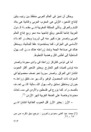 ‫ﻭﻴﻤﻜﻥ ﺃﻥ ﻨﻤﻴﺯ ﻓﻰ ﺍﻟﻌﺎﻟﻡ ﺍﻟﻌﺭﺒﻰ ﻤﻨﻁﻘﺘـﻴﻥ ﺭﺌﻴﺴـﻴﺘﻴﻥ‬
‫ﻹﻨﺘﺎﺝ ﺍﻟﺸﻌﻴﺭ، ﺍﻷﻭﻟﻰ ﻫﻰ ﺍﻟﻤﻐﺭﺏ ﺍﻟﻌﺭﺒﻰ ﻭﺍﻟﺜﺎﻨﻴﺔ ﻫﻰ ﺒﻼﺩ‬
‫ﺍﻟﺸﺎﻡ ﻭﺍﻟﻌﺭﺍﻕ. ﻭﺘﺄﺘﻰ ﺍﻟﻤﻤﻠﻜﺔ ﺍﻟﻤﻐﺭﺒﻴﺔ ﻓـﻰ ﻤﻘﺩﻤـﺔ ﺍﻟـﺩﻭل‬
‫ﺍﻟﻌﺭﺒﻴﺔ ﺇﻨﺘﺎﺠﺎ ﻟﻠﺸﻌﻴﺭ ﻭﺒﻠﻎ ﺇﻨﺘﺎﺠﻬﺎ ﻤﻨﻪ ﻨﺤﻭ ﺭﺒﻊ ﺇﻨﺘﺎﺝ ﺍﻟﻌﺎﻟﻡ‬
                                             ‫ﹰ‬
‫ﺍﻟﻌﺭﺒﻰ ﻭﺘﺼﺩﺭ ﺠﺯﺀ ﻜﺒﻴﺭ ﻤﻨﻪ ﺇﻟﻰ ﺃﻭﺭﻭﺒﺎ ﻭﻴﻌﺘﺒـﺭ ﺍﻟﻐـﺫﺍﺀ‬
‫ﺍﻷﺴﺎﺴﻰ ﻓﻰ ﺍﻟﺠﺯﺍﺌﺭ، ﻜﻤﺎ ﻴﺴﺘﺨﺩﻤﻭﻨﻪ ﻋﻠﻔﺎ ﻟﻠﻤﺎﺸﻴﺔ، ﻭﻴﺴﺘﻐل‬
                ‫ﹰ‬
‫ﻫﻨﺎﻙ ﻓﻰ ﺼﻨﺎﻋﺔ ﺍﻟﺠﻌﺔ ﻭﺘﻤﺘﺩ ﺯﺭﺍﻋﺘﻪ ﻫﻨﺎﻙ ﻤـﻥ ﺍﻟﺴـﻬﻭل‬
                  ‫ﺍﻟﺴﺎﺤﻠﻴﺔ ﺇﻟﻰ ﺃﻁﻠﺱ ﺍﻟﺘل ﻭﻫﻀﺒﺔ ﺍﻟﺸﻁﻭﻁ.‬

‫ﺃﻤﺎ ﻓﻰ ﺘﻭﻨﺱ ﻓﺘﺘﺭﻜﺯ ﺯﺭﺍﻋﺘﻪ ﻓﻰ ﻭﺍﺩﻯ ﻤﺠﺭﺩﺓ ﻭﺘﺼﺩﺭ‬
‫ﻤﻨﻪ ﺘﻭﻨﺱ ﻜﻤﻴﺎﺕ ﻜﺒﻴﺭ ﻟﻠﺨﺎﺭﺝ. ﻭﻴﻌﺘﺒﺭ ﺍﻟﺸﻌﻴﺭ ﺃﻜﺜﺭ ﺍﻟﺤﺒﻭﺏ‬
‫ﺍﻨﺘﺸﺎﺭﺍ ﻓﻰ ﺍﻟﻌﺭﺍﻕ. ﻭﺘﺼﺩﺭ ﺴﻭﺭﻴﺎ ﻨﺤﻭ ﻨﺼﻑ ﻤﺤﺼﻭﻟﻬﺎ ﻓﻰ‬
                                          ‫ﹰ‬
‫ﺍﻟﺴﻨﻭﺍﺕ ﺫﺍﺕ ﺍﻟﻤﺤﺼﻭل ﺍﻟﻭﻓﻴﺭ ﻭﺃﺸـﻬﺭ ﻤﻨـﺎﻁﻕ ﺯﺭﺍﻋﺘـﻪ‬
‫ﺤﻭﺭﺍﻥ ﻭﻤﻨﺎﻁﻕ ﺩﻤﺸﻕ ﻭﺍﻟﺴـﻬﻭل ﺍﻟﺸـﻤﺎﻟﻴﺔ ﺍﻟﺘـﻰ ﺘﺤـﻑ‬
‫ﺒﺎﻟﺼﺤـﺭﺍﺀ. ﻜﻤﺎ ﻴﺯﺭﻉ ﻓﻰ ﻓﻠﺴﻁﻴﻥ ﻭﺍﻷﺭﺩﻥ ﻓﻰ ﻤﺴـﺎﺤﺎﺕ‬
       ‫ﻤﺤﺩﻭﺩﺓ ﻭﺨﺎﺼﺔ ﻋﻠﻰ ﺍﻟﻀﻔﺔ ﺍﻟﻐﺭﺒﻴﺔ ﻟﻨﻬﺭ ﺍﻷﺭﺩﻥ )١(.‬

‫- ﺍﻷﺭﺯ : ﻴﻌﺘﺒﺭ ﺍﻷﺭﺯ ﺃﻗل ﺍﻟﺤﺒﻭﺏ ﺍﻟﻐﺫﺍﺌﻴﺔ ﺍﻨﺘﺸﺎﺭﺍ ﻓـﻰ‬
    ‫ﹰ‬


‫)١( ﻤﺤﻤﺩ ﻋﺒﺩ ﺍﻟﻐﻨﻰ ﺴﻌﻭﺩﻯ ﻭﺁﺨﺭﻭﻥ : ﻤﺭﺠﻊ ﺴﺒﻕ ﺫﻜﺭﻩ، ﺹ ﺹ‬
                                        ‫٥٦ – ٦٦.‬
‫٣١٢‬
 