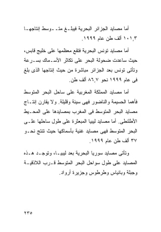 ‫ﺃﻤﺎ ﻤﺼﺎﻴﺩ ﺍﻟﺠﺯﺍﺌﺭ ﺍﻟﺒﺤﺭﻴﺔ ﻓﻴﺒﻠـﻎ ﻤﺘــﻭﺴﻁ ﺇﻨﺘﺎﺠﻬـﺎ‬
                           ‫٣,١٠١ ﺃﻟﻑ ﻁﻥ ﻋﺎﻡ ٩٩٩١.‬

‫ﺃﻤﺎ ﻤﺼﺎﻴﺩ ﺘﻭﻨﺱ ﺍﻟﺒﺤﺭﻴﺔ ﻓﺘﻘﻊ ﻤﻌﻅﻤﻬﺎ ﻋﻠﻰ ﺨﻠﻴﺞ ﻗﺎﺒﺱ،‬
‫ﺤﻴﺙ ﺴﺎﻋﺩﺕ ﻀﺤﻭﻟﺔ ﺍﻟﺒﺤﺭ ﻋﻠﻰ ﺘﻜﺎﺜﺭ ﺍﻷﺴـﻤﺎﻙ ﺒﺴـﺭﻋﺔ‬
‫ﻭﺘﺄﺘﻰ ﺘﻭﻨﺱ ﺒﻌﺩ ﺍﻟﺠﺯﺍﺌﺭ ﻤﺒﺎﺸﺭﺓ ﻤﻥ ﺤﻴﺙ ﺇﻨﺘﺎﺠﻬﺎ ﺍﻟﺫﻯ ﺒﻠﻎ‬
                     ‫ﻓﻰ ﻋﺎﻡ ٩٩٩١ ﻨﺤﻭ ٧,٦٨ ﺃﻟﻑ ﻁﻥ.‬

‫ﺃﻤﺎ ﻤﺼﺎﻴﺩ ﺍﻟﻤﻤﻠﻜﺔ ﺍﻟﻤﻐﺭﺒﻴﺔ ﻋﻠﻰ ﺴﺎﺤل ﺍﻟﺒﺤﺭ ﺍﻟﻤﺘﻭﺴﻁ‬
‫ﻓﺄﻫﻤﺎ ﺍﻟﺤﺴﻴﻤﺔ ﻭﺍﻟﻨﺎﻀﻭﺭ ﻓﻬﻰ ﺴﻴﺌﺔ ﻭﻗﻠﻴﻠﺔ. ﻭﻻ ﻴﻘﺎﺭﻥ ﺇﻨﺘـﺎﺝ‬
‫ﻤﺼﺎﻴﺩ ﺍﻟﺒﺤﺭ ﺍﻟﻤﺘﻭﺴﻁ ﻓﻰ ﺍﻟﻤﻐﺭﺏ ﺒﻤﺼﺎﻴﺩﻫﺎ ﻋﻠﻰ ﺍﻟﻤﺤـﻴﻁ‬
‫ﺍﻷﻁﻠﻨﻁﻰ. ﺃﻤﺎ ﻤﺼﺎﻴﺩ ﻟﻴﺒﻴﺎ ﺍﻟﻤﺒﻌﺜﺭﺓ ﻋﻠﻰ ﻁﻭل ﺴﺎﺤﻠﻬﺎ ﻋﻠـﻰ‬
‫ﺍﻟﺒﺤﺭ ﺍﻟﻤﺘﻭﺴﻁ ﻓﻬﻰ ﻤﺼﺎﻴﺩ ﻏﻨﻴﺔ ﺒﺄﺴﻤﺎﻜﻬﺎ ﺤﻴﺙ ﺘﻨﺘﺞ ﻨﺤـﻭ‬
                               ‫٧٣ ﺃﻟﻑ ﻁﻥ ﻋﺎﻡ ٩٩٩١.‬

‫ﻭﺘﺄﺘﻰ ﻤﺼﺎﻴﺩ ﺴﻭﺭﻴﺎ ﺍﻟﺒﺤﺭﻴﺔ ﺒﻌﺩ ﻟﻴﺒﻴـﺎ، ﻭﺘﻭﺠـﺩ ﻫـﺫﻩ‬
‫ﺍﻟﻤﺼﺎﻴﺩ ﻋﻠﻰ ﻁﻭل ﺴﻭﺍﺤل ﺍﻟﺒﺤﺭ ﺍﻟﻤﺘﻭﺴﻁ ﻗـﺭﺏ ﺍﻟﻼﺫﻗﻴـﺔ‬
                 ‫ﻭﺠﺒﻠﺔ ﻭﺒﺎﻨﻴﺎﺱ ﻭﻁﺭﻁﻭﺱ ﻭﺠﺯﻴﺭﺓ ﺃﺭﻭﺍﺩ.‬




‫٥٣٢‬
 