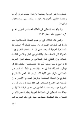 ‫ﺍﻟﻤﺴﺘﻭﺭﺩﺓ ﻏﻴﺭ ﺍﻟﻌﺭﺒﻴﺔ ﻭﺨﺎﺼﺔ ﻤﻥ ﺩﻭل ﺠﻨﻭﺏ ﺸﺭﻕ ﺁﺴـﻴﺎ‬
‫ﻭﺨﺎﺼﺔ ﺍﻟﻔﻠﺒﻴﻥ ﻭﺃﻨﺩﻭﻨﻴﺴﻴﺎ ﻭﺍﻟﻬﻨـﺩ ﻭﺒﺎﻜﺴـﺘﺎﻥ ﻭﺒـﻨﺠﻼﺩﻴﺵ‬
                                               ‫ﻭﻏﻴﺭﻫﺎ.‬

‫ﻭﻗﺩ ﺒﻠﻎ ﻋﺩﺩ ﺍﻟﻌﺎﻤﻠﻴﻥ ﻓﻰ ﺍﻟﻘﻁﺎﻉ ﺍﻟﺼﻨﺎﻋﻰ ﺍﻟﻌﺭﺒﻰ ﻨﺤـﻭ‬
                          ‫٦,٧١ ﻤﻠﻴﻭﻥ ﻋﺎﻤل ﻋﺎﻡ ٩٩٩١.‬

‫ﻭﺘﺸﻴﺭ ﻜل ﺍﻟﺩﻻﺌل ﺇﻟﻰ ﺃﻥ ﺤﺠﻡ ﺍﻟﻌﻤﺎﻟﺔ ﺍﻟﺼـﻨﺎﻋﻴﺔ ﻟـﻡ‬
‫ﻴﺯﺩﺍﺩ ﻓﻰ ﺍﻟﺴﻨﻭﺍﺕ ﺍﻷﺨﻴﺭﺓ ﻭﻤﻥ ﺃﺴﺒﺎﺏ ﺫﻟـﻙ ﺃﻥ ﺍﻟﻤﻨﺸـﺂﺕ‬
‫ﺍﻟﺼﻨﺎﻋﻴﺔ ﺍﻟﻌﺭﺒﻴﺔ ﺃﺼﺒﺤﺕ ﺘﻤﻴل ﺇﻟﻰ ﺍﺴـﺘﺨﺩﺍﻡ ﺍﻟﺘﻜﻨﻭﻟﻭﺠﻴـﺎ‬
‫ﺍﻟﺤﺩﻴﺜﺔ ﺍﻟﺘﻰ ﺘﺘﺼﻑ ﻋﺎﺩﺓ ﺒﻜﺜﺎﻓﺔ ﺭﺃﺱ ﺍﻟﻤﺎل ﺒﺩﻻ ﻤﻥ ﻜﺜﺎﻓـﺔ‬
          ‫ﹰ‬
‫ﺍﻟﻌﻤﺎﻟﺔ، ﻭﺃﻥ ﺍﻟﻘﻁﺎﻉ ﺍﻟﻌﺎﻡ ﺍﻟﺼﻨﺎﻋﻰ ﻓﻰ ﻤﻌﻅﻡ ﺍﻟﺩﻭل ﺍﻟﻌﺭﺒﻴﺔ‬
‫ﻗﺩ ﺘﺭﺍﺠﻊ ﺘﻭﺴﻌﻪ ﺒﺴﺒﺏ ﺘﺄﺜﻴﺭﺍﺕ ﺍﻟﺨﺼﺨﺼﺔ ﻭﺒﺎﻟﺘﺎﻟﻰ ﻓﻘﺩ ﻗل‬
‫ﺘﻭﻅﻴﻑ ﺍﻟﻌﻤﺎﻟﺔ، ﻜﻤﺎ ﺃﻥ ﻤﻌـﺩﻻﺕ ﻨﻤـﻭ ﺍﻟﻘﻁـﺎﻉ ﺍﻟﺨـﺎﺹ‬
‫ﺍﻟﺼﻨﺎﻋﻰ ﻻﺘﺯﺍل ﻏﻴﺭ ﻜﺎﻓﻴﺔ ﻻﺴـﺘﻴﻌﺎﺏ ﺍﻟﻔـﺎﺌﺽ ﺍﻟﻘـﺎﺌﻡ ﺃﻭ‬
‫ﺍﻟﻤﺘﻭﻗﻊ ﻤﻥ ﺍﻟﻌﻤﺎﻟﺔ ﺍﻟﺼﻨﺎﻋﺔ. ﻭﻴﺘﺭﻜﺯ ﺍﻟﺤﺠـﻡ ﺍﻷﻜﺒـﺭ ﻤـﻥ‬
‫ﺍﻟﻌﺎﻤﻠﻴﻥ ﻓﻰ ﺍﻟﻘﻁﺎﻉ ﺍﻟﺼﻨﺎﻋﻰ ﻓﻰ ﻋﺩﺩ ﻤﺤﺩﻭﺩ ﻤـﻥ ﺍﻟـﺩﻭل‬
‫ﺍﻟﻌﺭﺒﻴﺔ ﺤﻴﺙ ﺒﻠﻐﺕ ﻨﺴﺒﺔ ﺍﻟﻌﺎﻤﻠﻴﻥ ﻓﻰ ﻤﺼﺭ ﻗﺭﺍﺒﺔ ٢٣% ﻤﻥ‬
‫ﺠﻤﻠﺔ ﻋﺩﺩ ﺍﻟﻌﺎﻤﻠﻴﻥ ﻓﻰ ﺍﻟﺼﻨﺎﻋﺔ ﺍﻟﻌﺭﺒﻴﺔ ﺒﺤﻜﻡ ﺍﻟﺤﺠﻡ ﺍﻟﻜﺒﻴـﺭ‬
‫ﻟﻠﺴﻜﺎﻥ ﻭﻋﺩﺩ ﺍﻟﻤﻨﺸﺂﺕ ﺍﻟﺼﻨﺎﻋﻴﺔ ﻓﻴﻬﺎ. ﻴﻠﻰ ﺫﻟﻙ ﺍﻟﻤﻐﺭﺏ ﺜـﻡ‬

‫٢٨٢‬
 